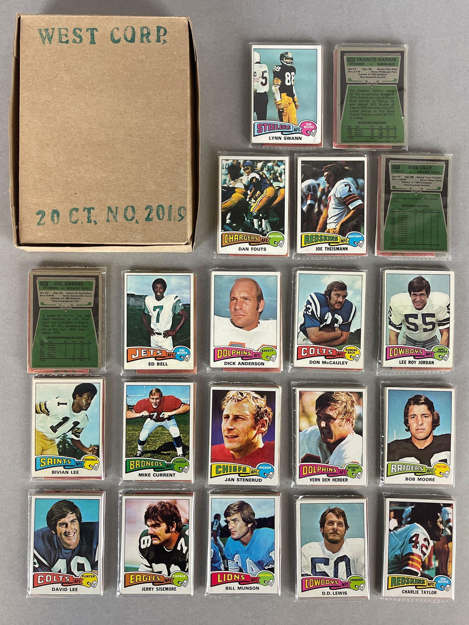 1975 Topps Football West Corps Cello Fun Pack Vending Box of 20 with HOFs Showing: 10 - Cards per pack, West Corps was a repacking company in the 1970s, Includes Fouts, Swann, Theismann Rookie, Harris, Showing
