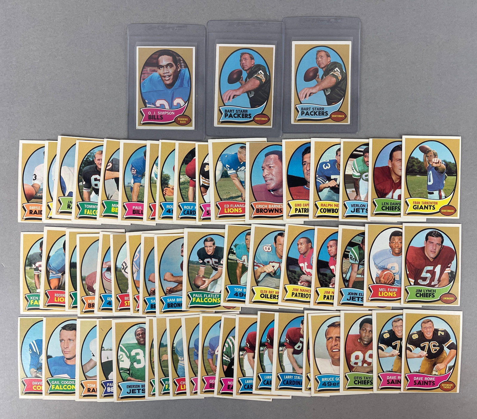 50+ 1970 Topps Football Cards with Simpson Rookie and Bart Starr: Mid-graded, Includes O.J. Simpson #90 Rookie, 2 - Bart Starr #30 VGEX, and Much More