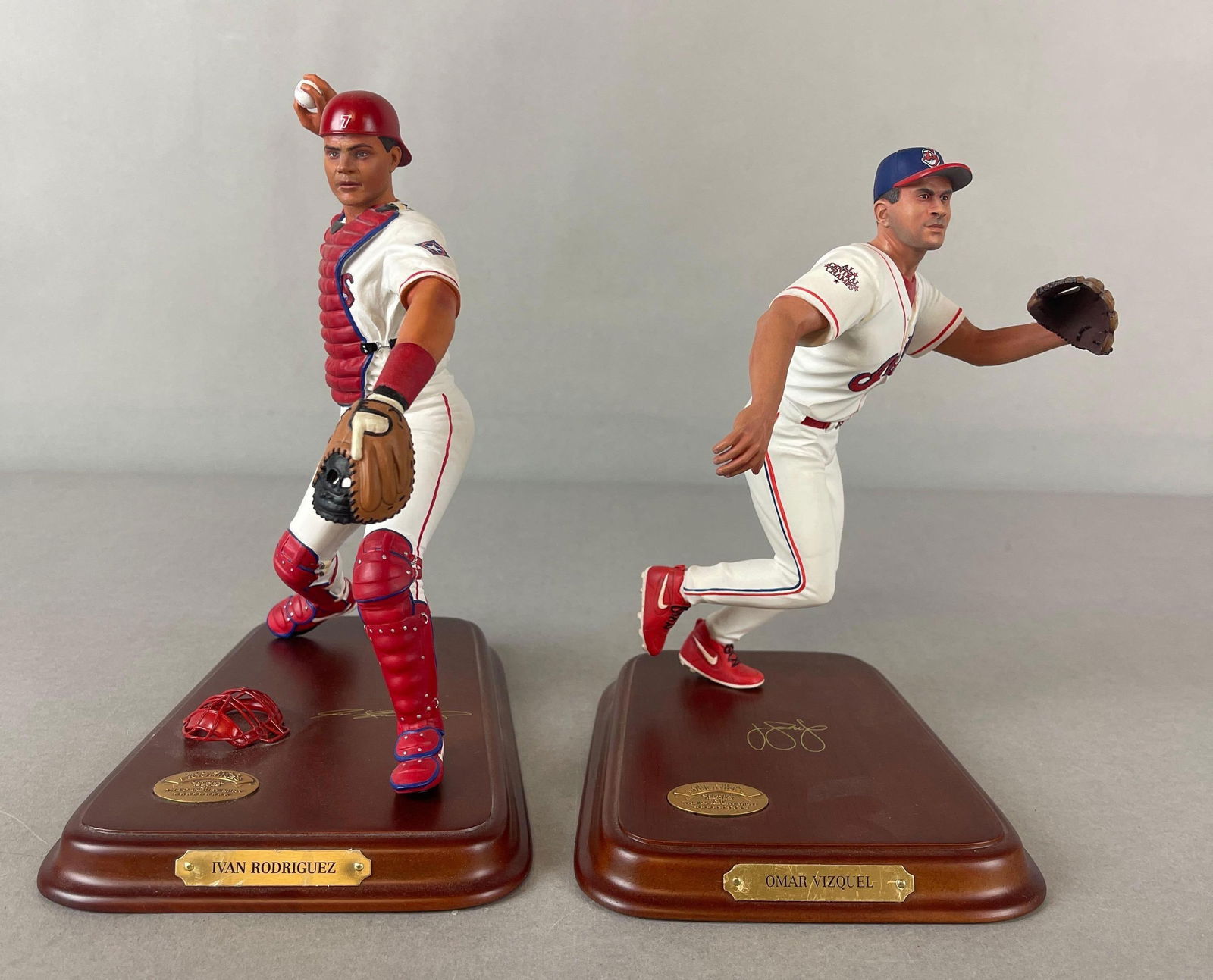 Omar Vizquel and Ivan Rodriguez Danbury Mint Figurine Statues with Serial Number: Omar Vizquel #K3881 and Ivan Rodriguez, Largest Measures 6 1/2 x 8 x 9 Inches