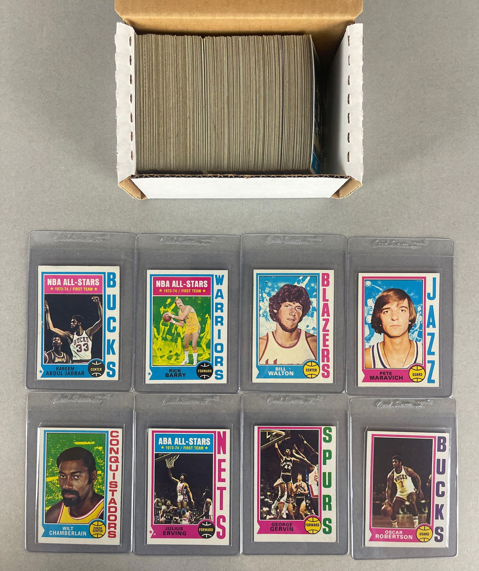 1974 Topps Basketball Complete Set: Conditions vary, VGEX - EXMT, Includes Pete Maravich EXMT - NM, Bill Walton Rookie EXMT, Jerry West VGEX, George Gervin Rookie VG - VGEX, Julius Erving EX, Wilt Chamberlain EX, Oscar Robertson EX,