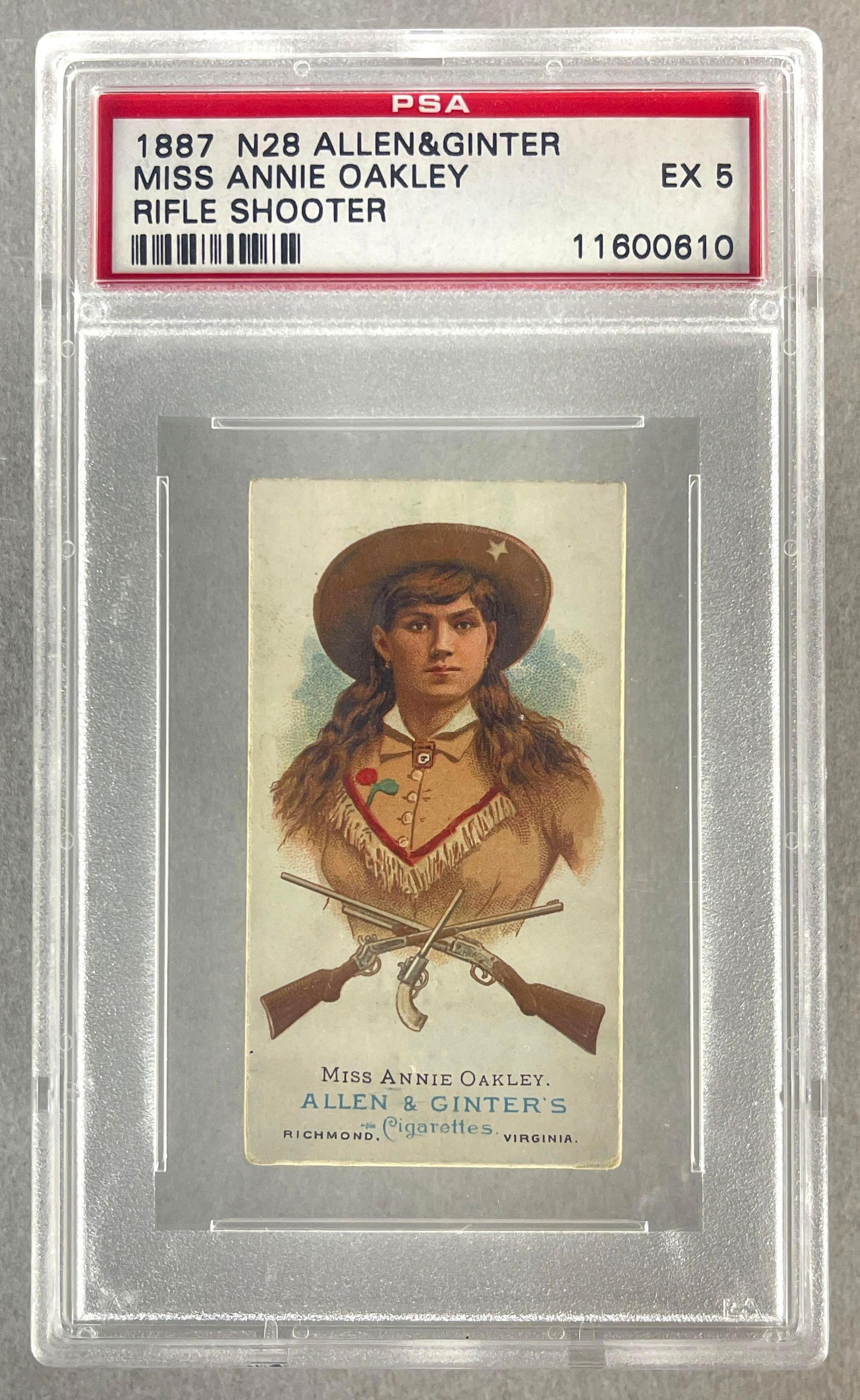 1887 N28 Allen and Ginter Rifle Shooter Miss Annie Oakley PSA 5: 1887 N28 Allen and Ginter Rifle Shooter Miss Annie Oakley PSA 5 The World Champions, Sharp card