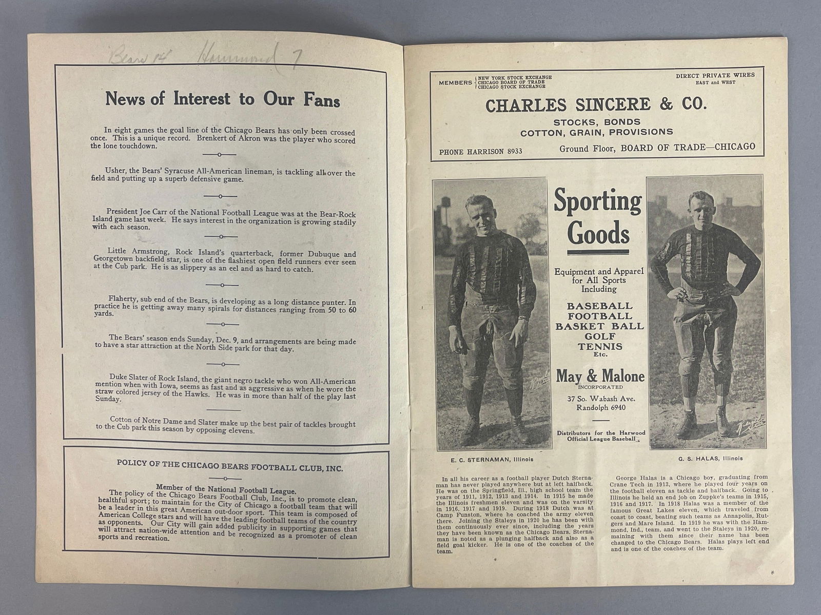 Rare 1923 Chicago Bears vs Hammond Pros Program - 2