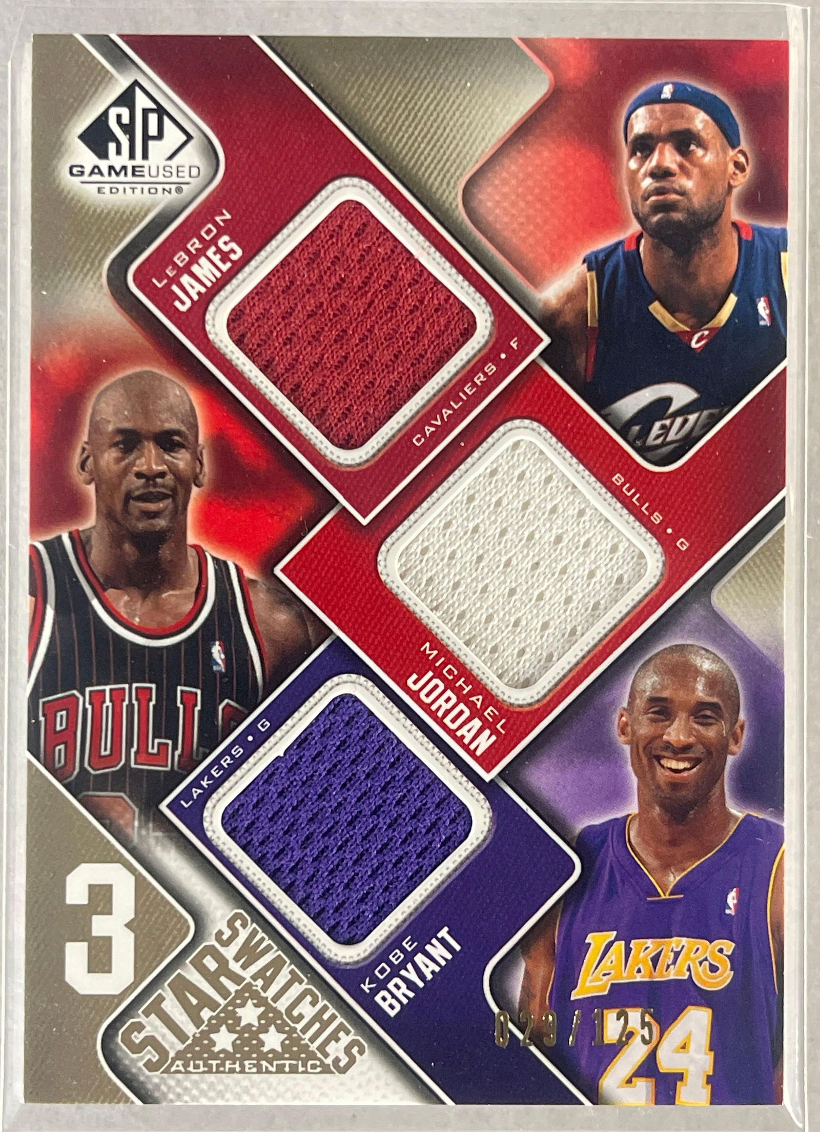 2009 SP Game Used Triple Jersey Michael Jordan, LeBron James, Kobe Bryant 29/125 (1 of 2)