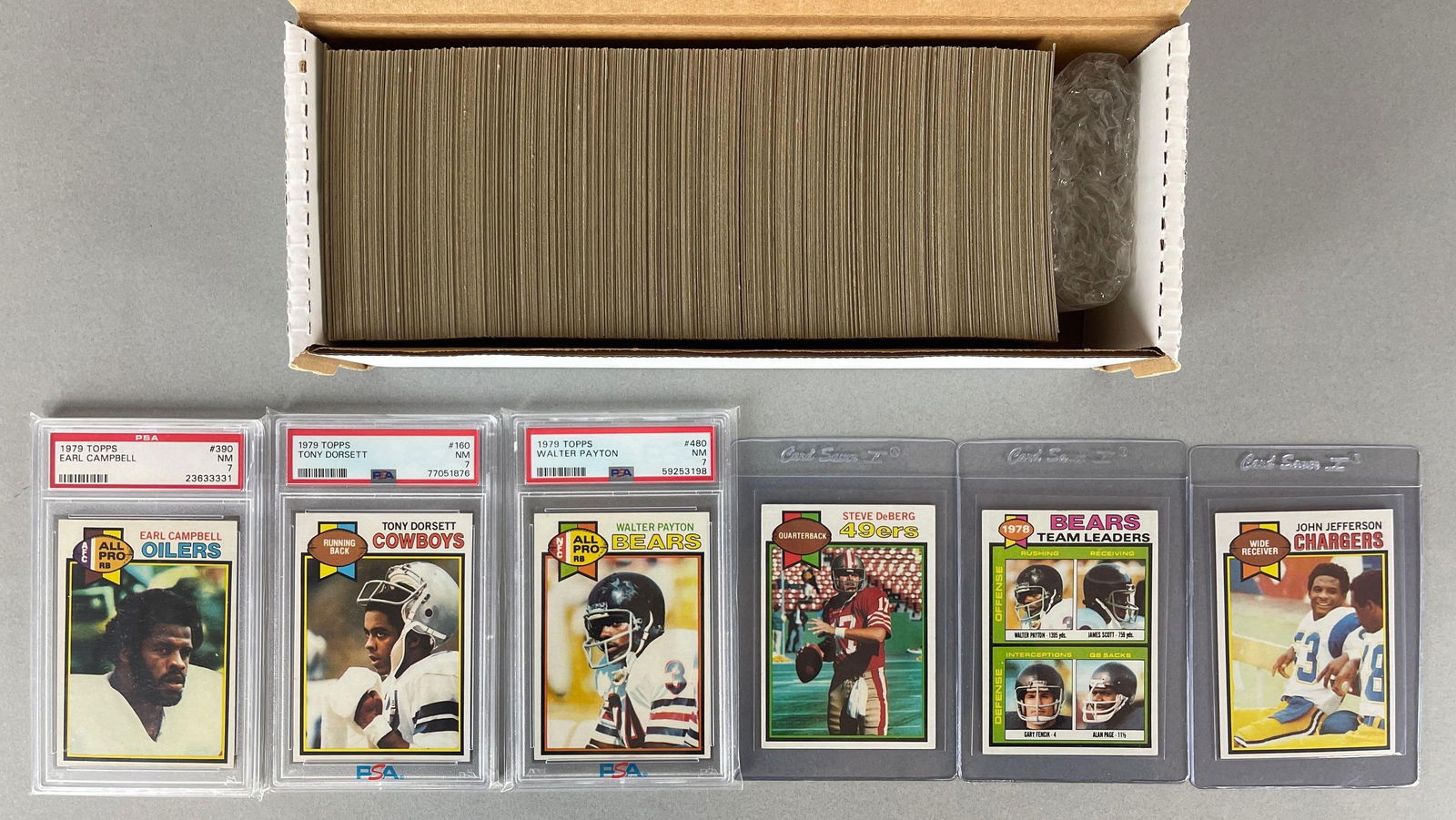 1979 Topps Football Complete High-Grade Set with 3 PSAs: Conditions vary, EX - NMMT, Mainly EXMT and Better, Tony Dorsett #160 PSA 7, Earl Campbell #390 PSA 7, Walter Payton #480 PSA 7, John Jefferson Rookie EXMT - NM, Franco Harris, NM - NMMT, Ozzie