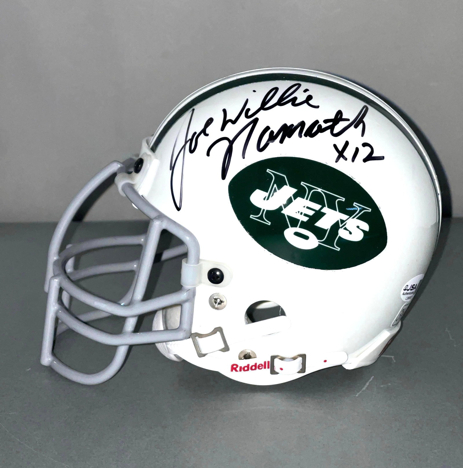 Joe Willie Namath Signed New York Jets Vintage Mini Helmet Full Metal Mask with JSA COA: Rare full name autographed Joe Willie Namath #12, with JSA COA