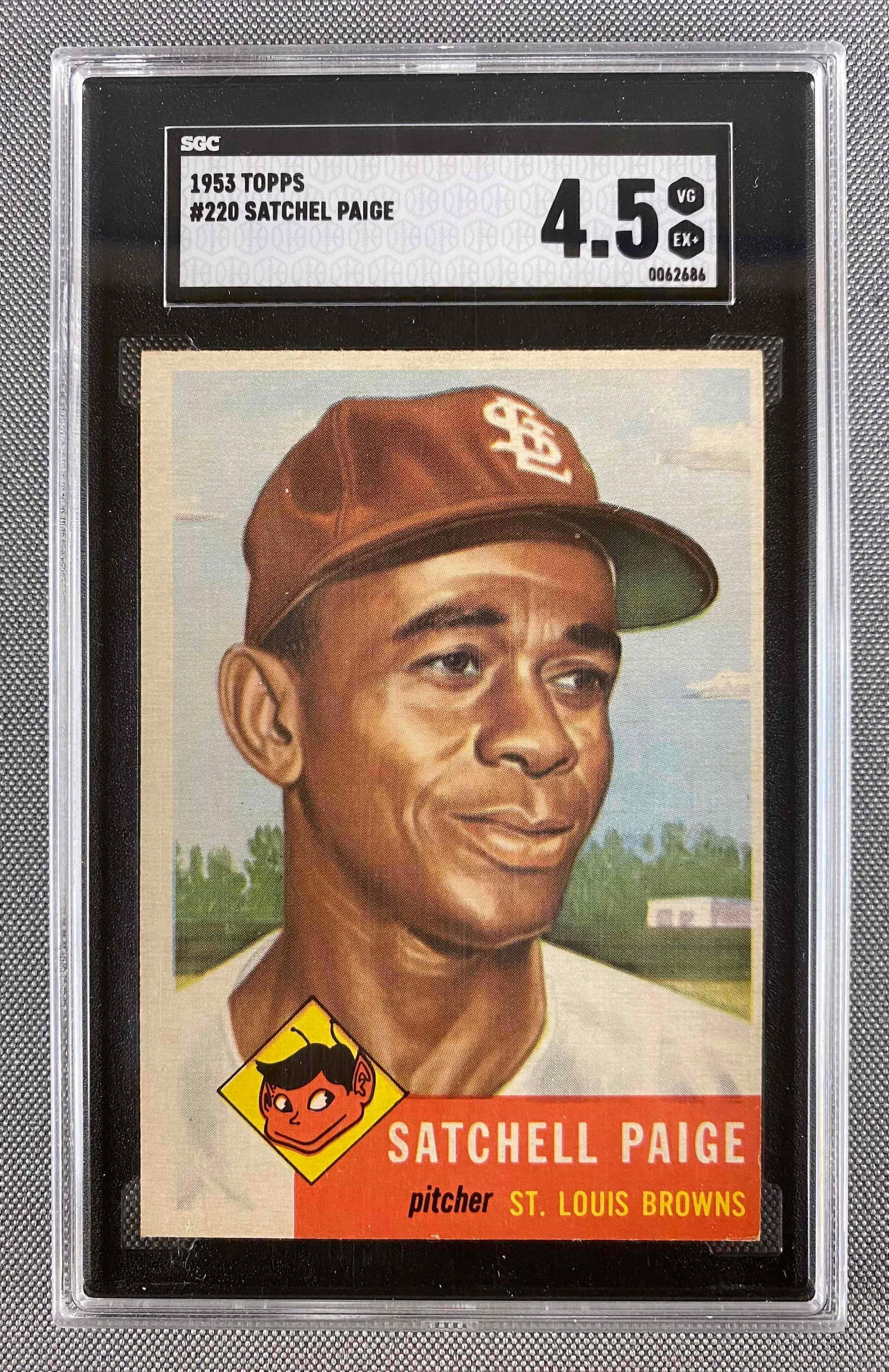 1953 Topps Satchel Paige #220 SGC 4.5: Sharp card with great eye appeal and presents better than a 4.5. 1953 Topps Satchel Paige #220 SGC 4.5 VGEX+