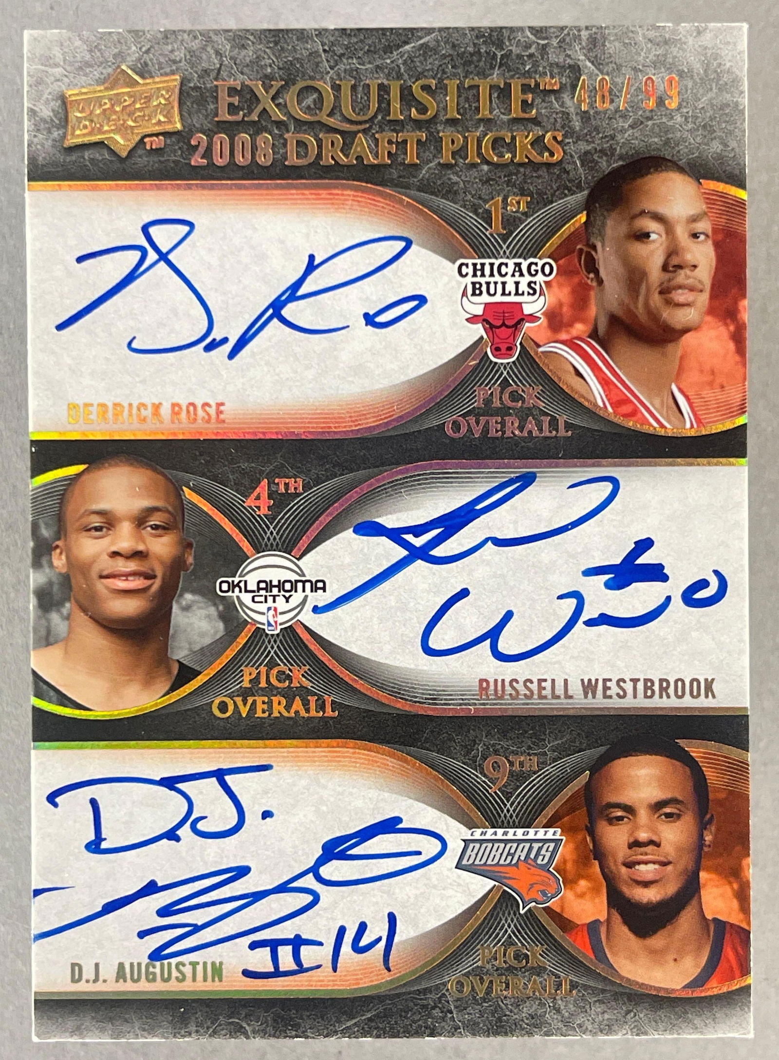 2007 - 08 Exquisite Draft Picks Auto Derrick Rose, Russell Westbrook, and D.J. Augustin 48/99: Triple auto, Rose, Westbrook, and Augustin 48/99
