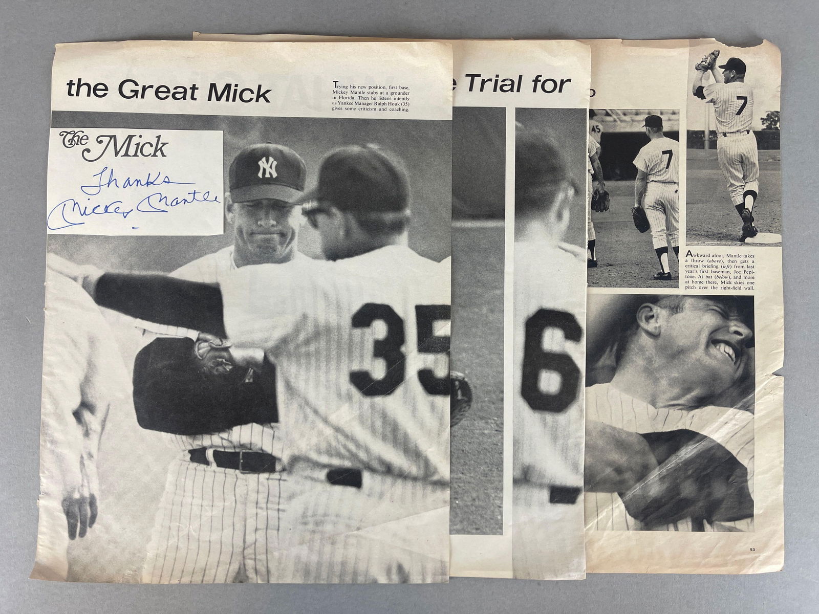 Mickey Mantle Signed Index Card From Book The Mick + Magazine Article: Autographed, Thanks Mickey Mantle, and Magazine Article The Great Mick