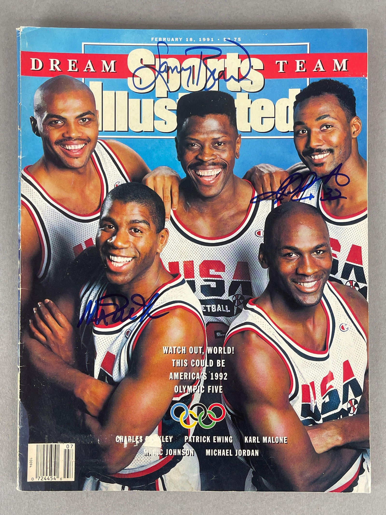 1991 Sports Illustrated Dream Team Signed by Larry Bird, Magic Johnson, and Karl Malone with JSA COA: Autographed Larry Bird, Magic Johnson, and Karl Malone, with JSA COA