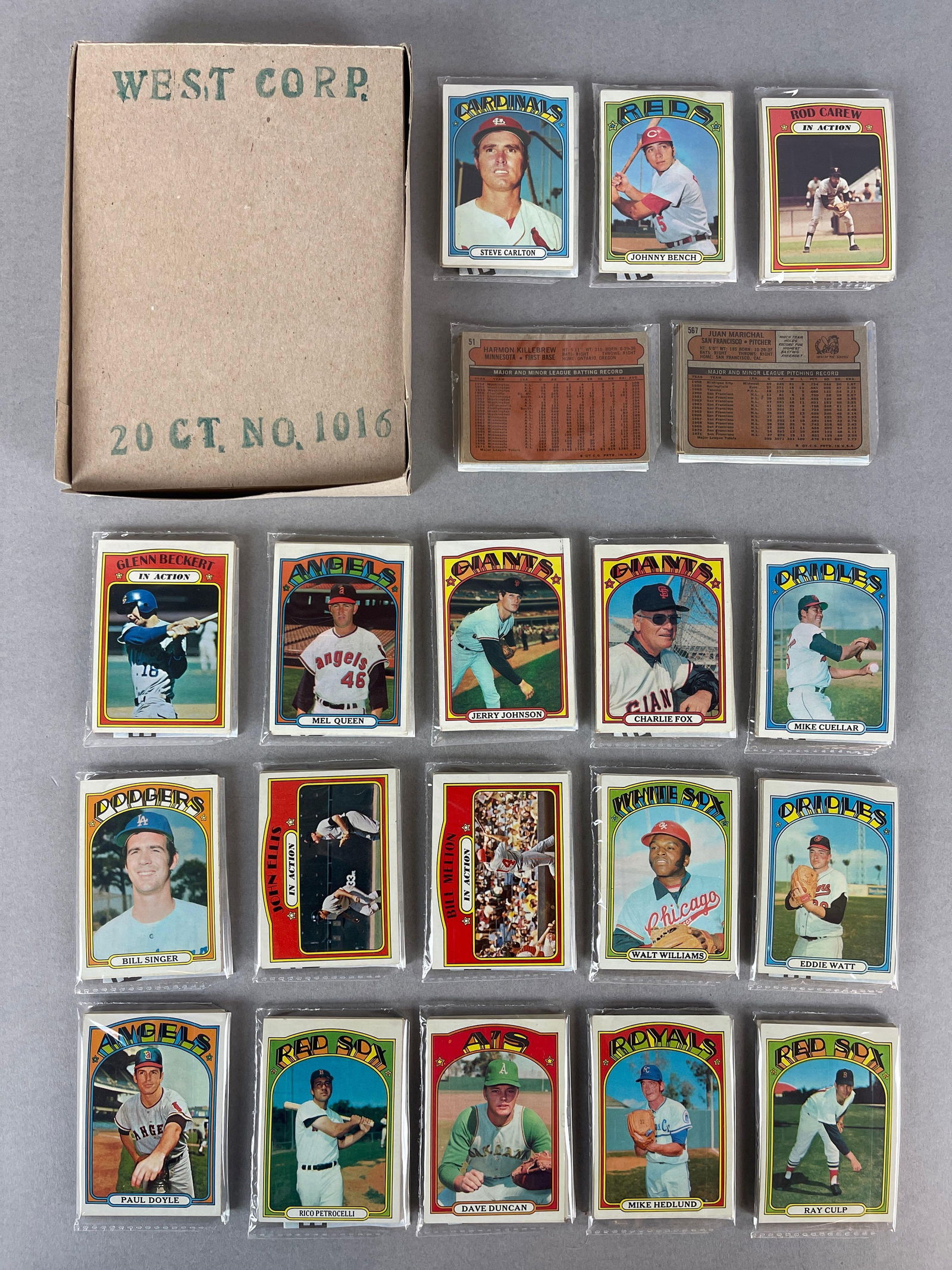 1972 Topps Baseball West Corps Cello Fun Pack Complete Vending Box of 20 Packs (1 of 5)