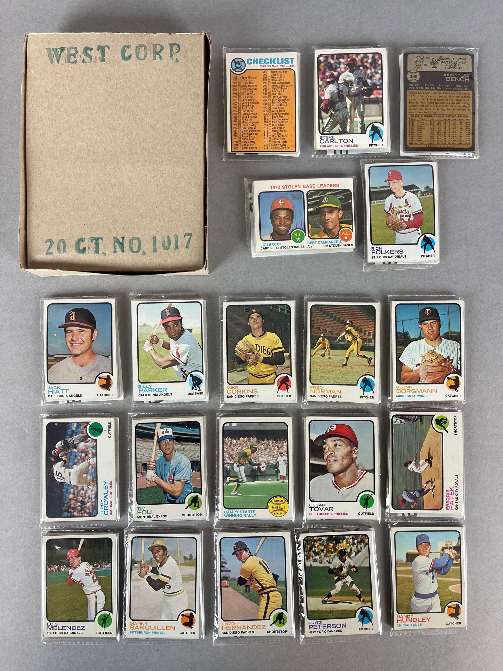 1973 Topps Baseball West Corps Cello Fun Pack Complete Vending Box of 20 Packs (1 of 5)