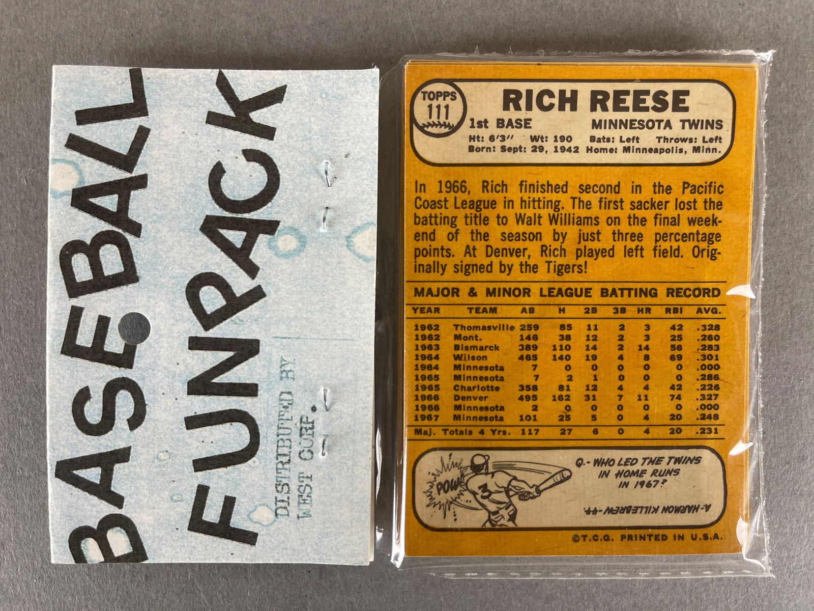 1968 Topps Baseball West Corps Cello Fun Pack - 2