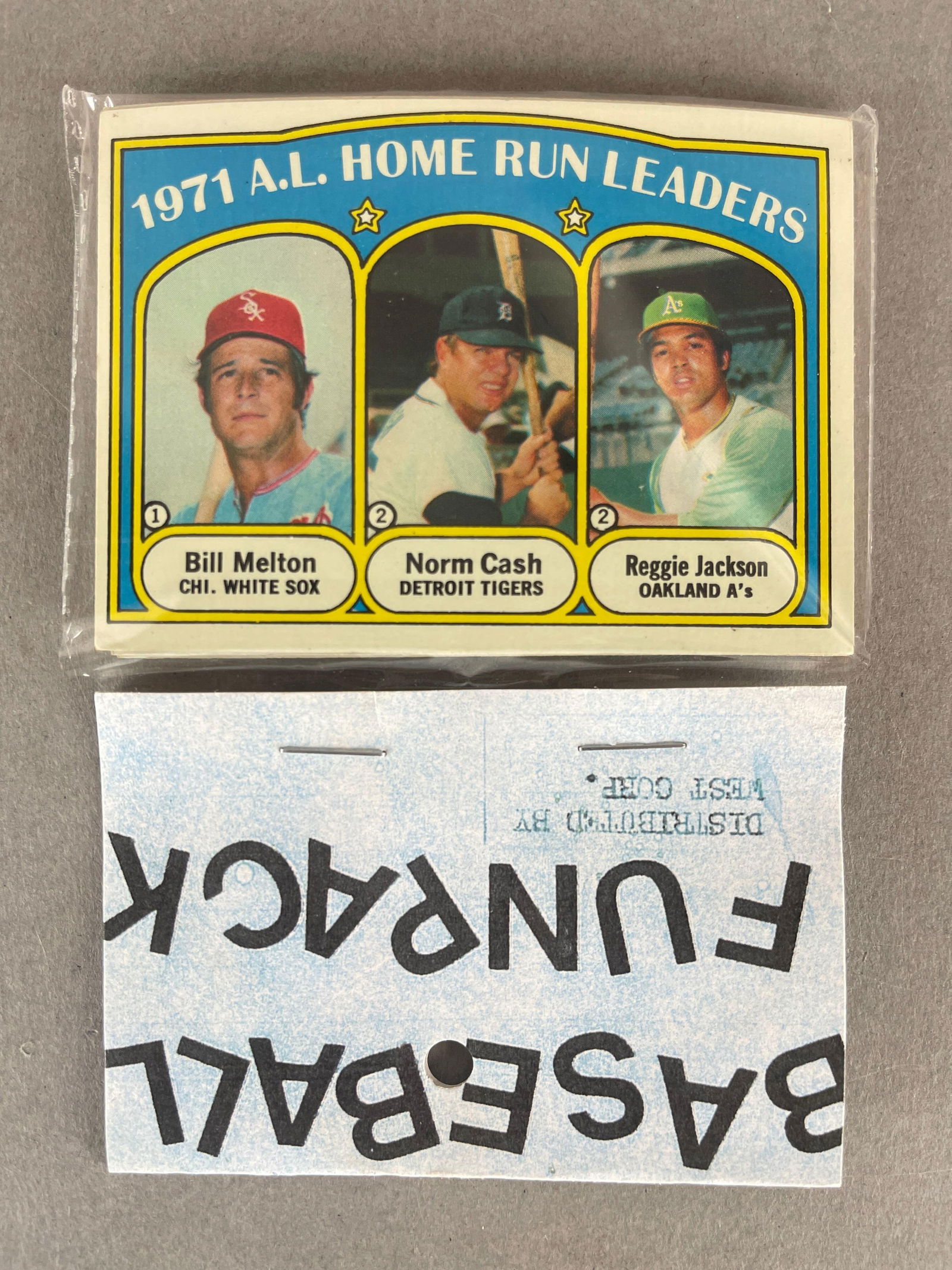 1972 Topps Baseball West Corps Cello Fun Pack: 1972 Topps Baseball West Corps Cello Fun Pack A.L. HR LL card on top,?10 - Cards per pack, West Corps was a repacking company in the 1970s