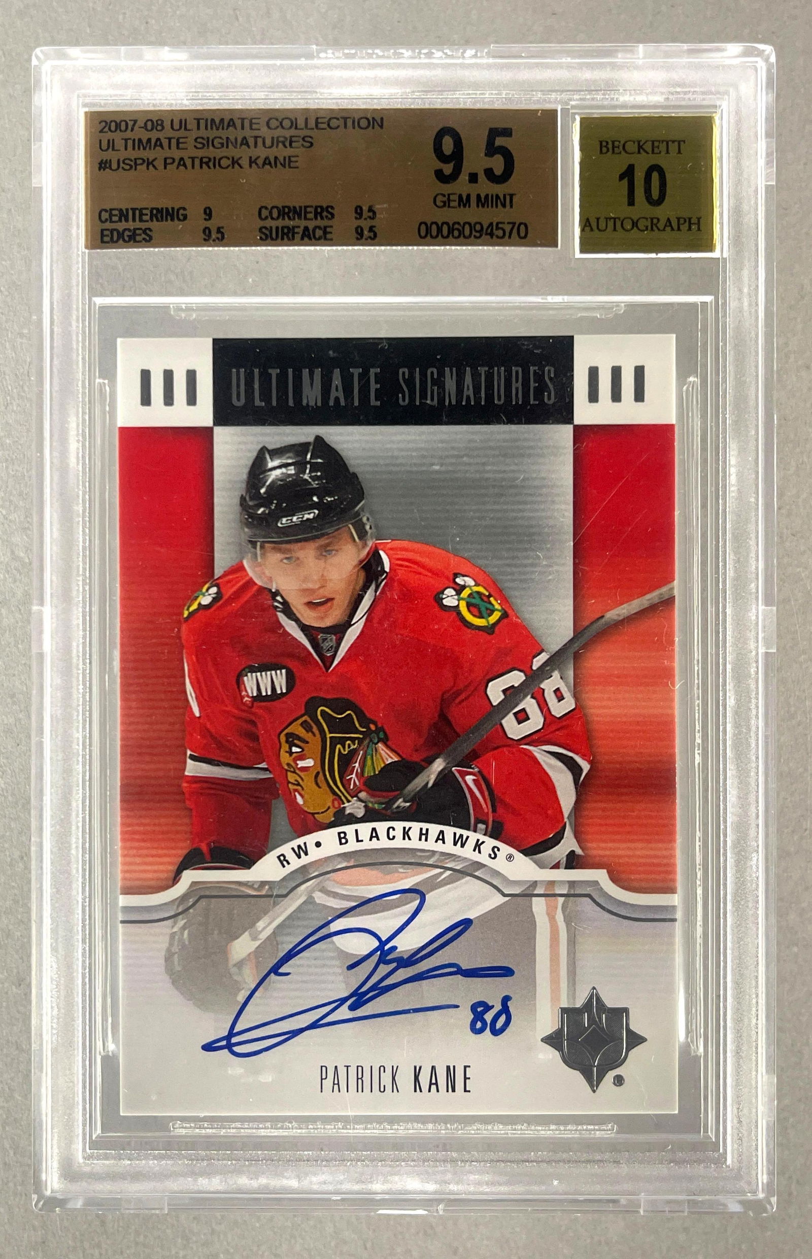2007 - 08 Ultimate Collection Signatures Patrick Kane BGS 9.5 Auto 10: 2007 - 08 Ultimate Collection Signatures Patrick Kane BGS 9.5 Auto 10