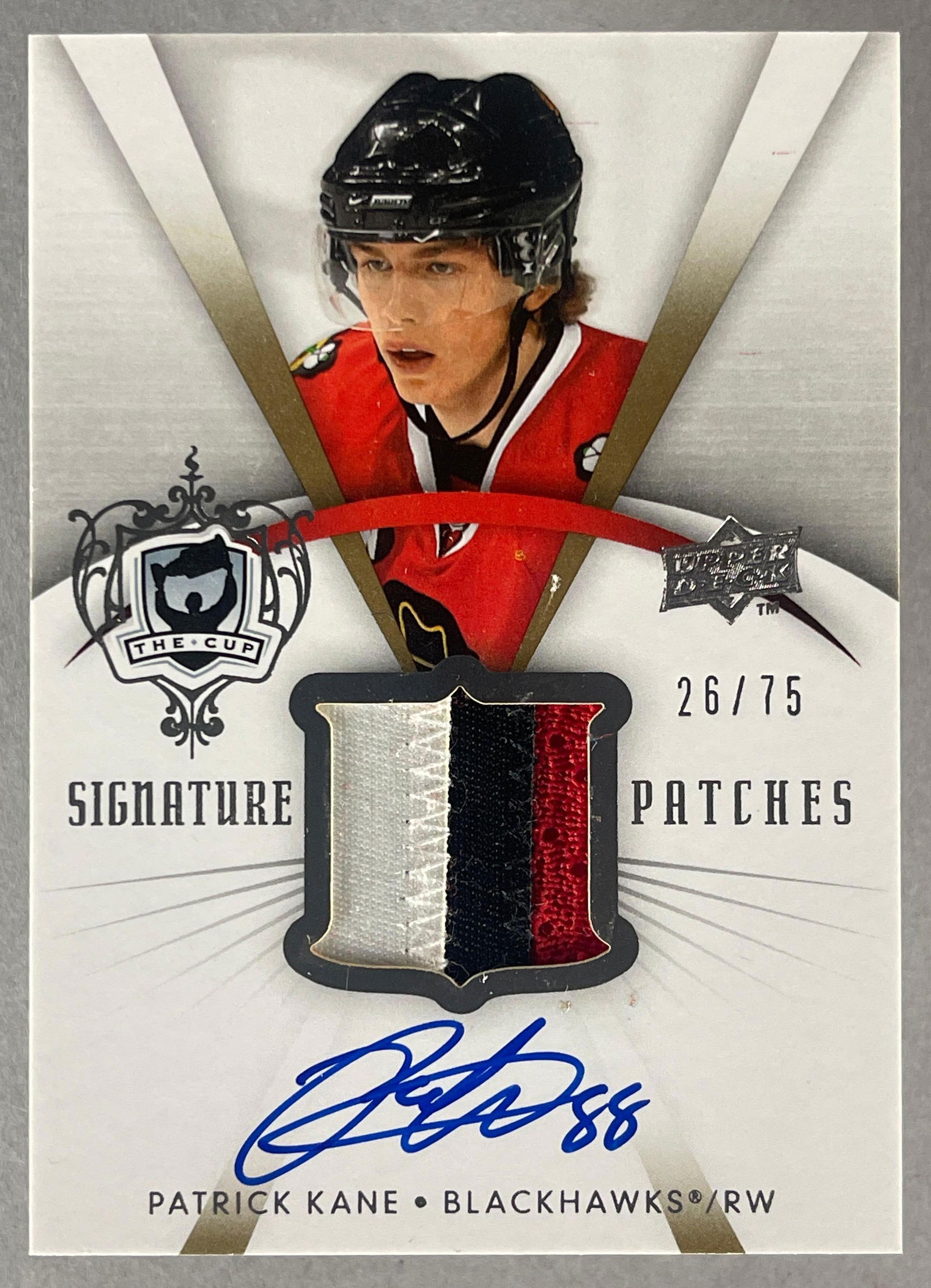 2007 - 08 Upper Deck The Cup Signature Patches Patrick Kane RPA 26/75: Great 3 - Color Rookie patch, Auto Patrick Kane 26/75