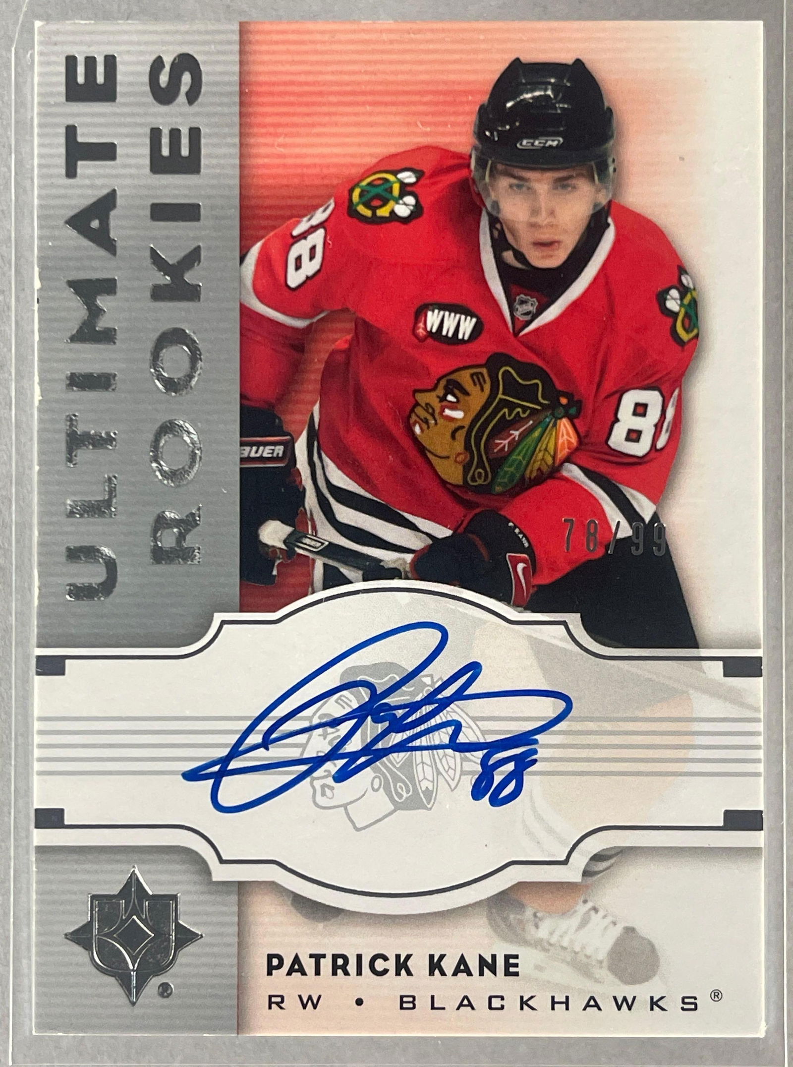 2007 - 08 Ultimate Collection Rookie Auto Patrick Kane 78/99: Scarce Rookie Auto 78/99