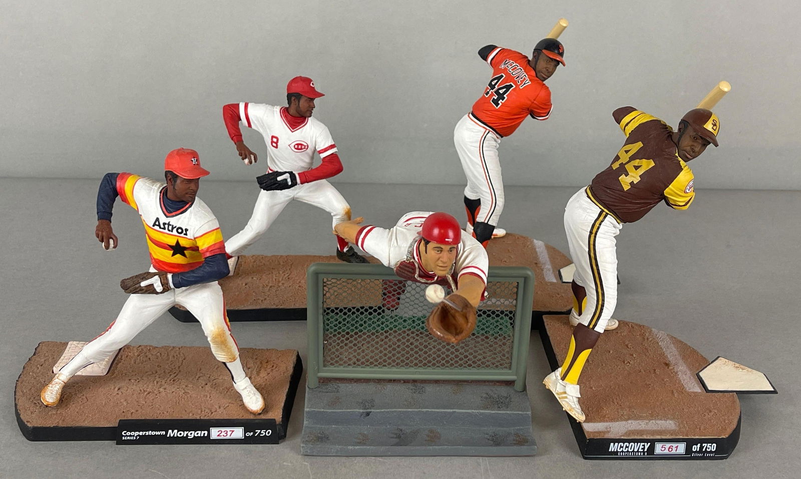 5 - Morgan, McCovey and Bench McFarlane Figures: Rare Joe Morgan Astros #237/750 and Willie McCovey Padres 561/750, Johnny Bench Leaping, Largest measures 6 1/2 x 8 12/ x 8 Inches
