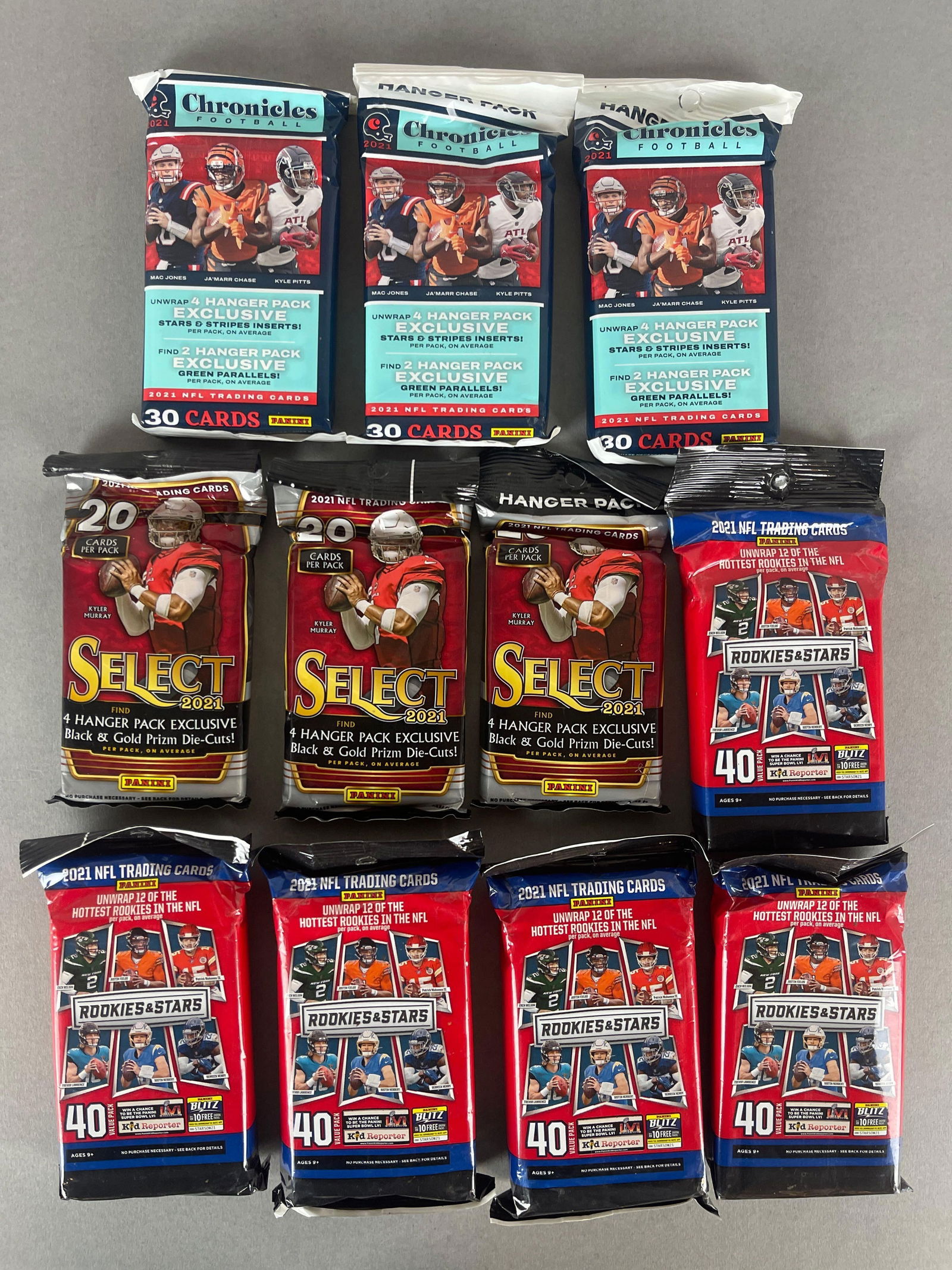 11 - 2019 Select Rookies and Stars and Chronicles Football Hanger Packs: 5 - Rookies and Stars - 40 - Cards per pack, 3 - Select - 20 Card per pack, 3 - Chronicles - 30 - Cards per pack