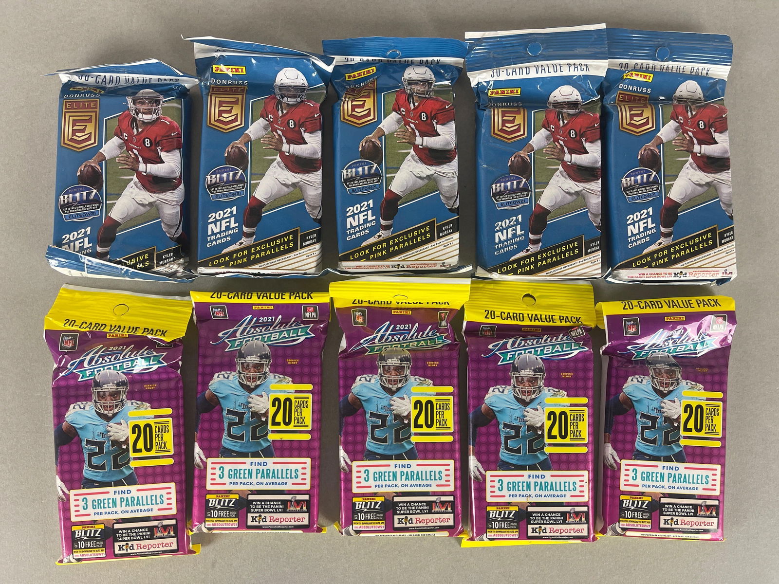 10 - 2021 Absolute and Donruss Elite Football Value Packs: 5 - Absolute - 20 - Card value packs, 5 - Donruss Elite - 30 - Cards per pack
