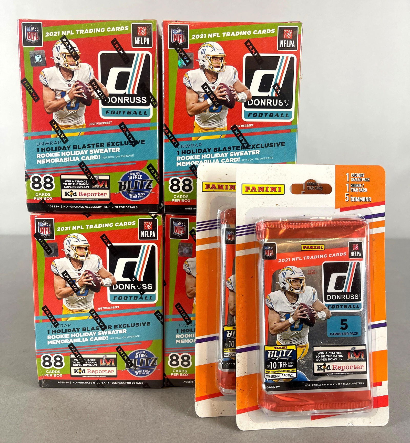 4 - 2021 Donruss Football Blaster Boxes + 2 Blister Packs: 4 - Donruss Blaster - 11 Packs per box, 8 - Cards per pack, 2 - Blister - 5 - Cards per pack