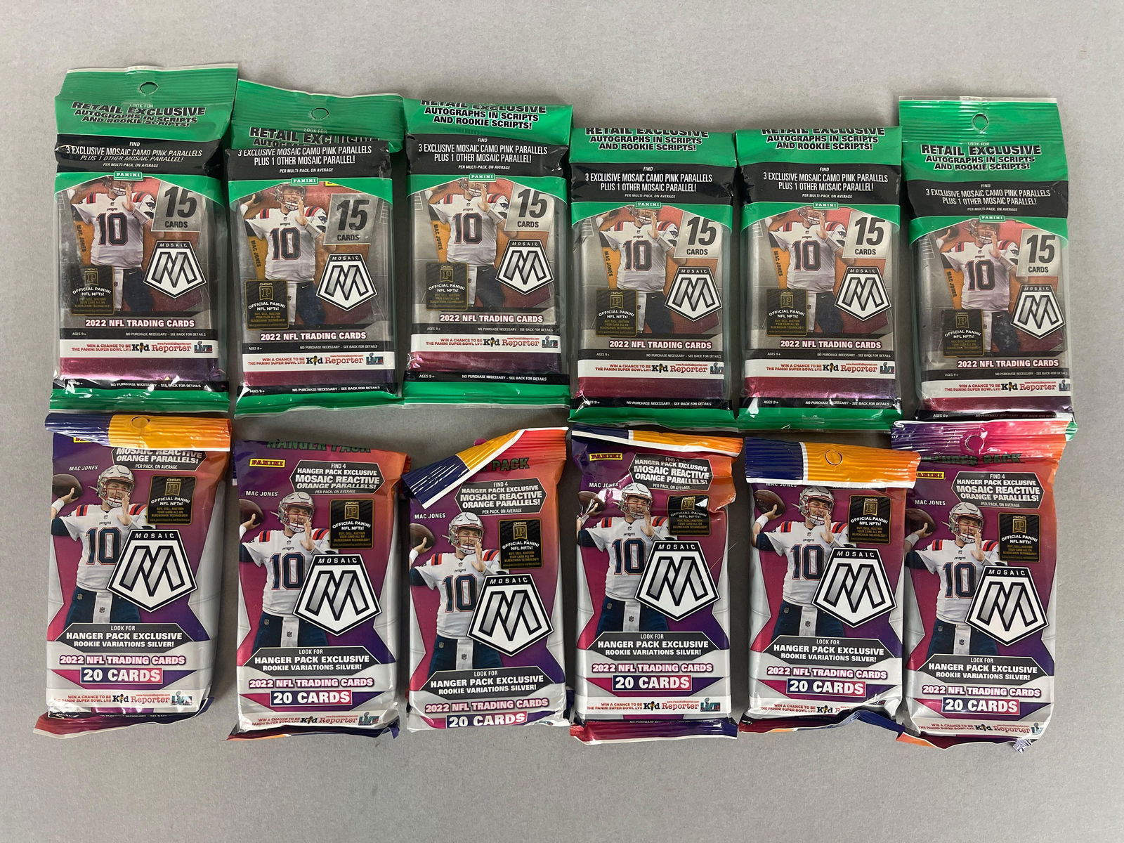 7 - 2022 Mosaic Football Value Packs: 5 - Hanger packs - 20 Cards per pack, 5 - Retail packs - 15 - Cards per pack