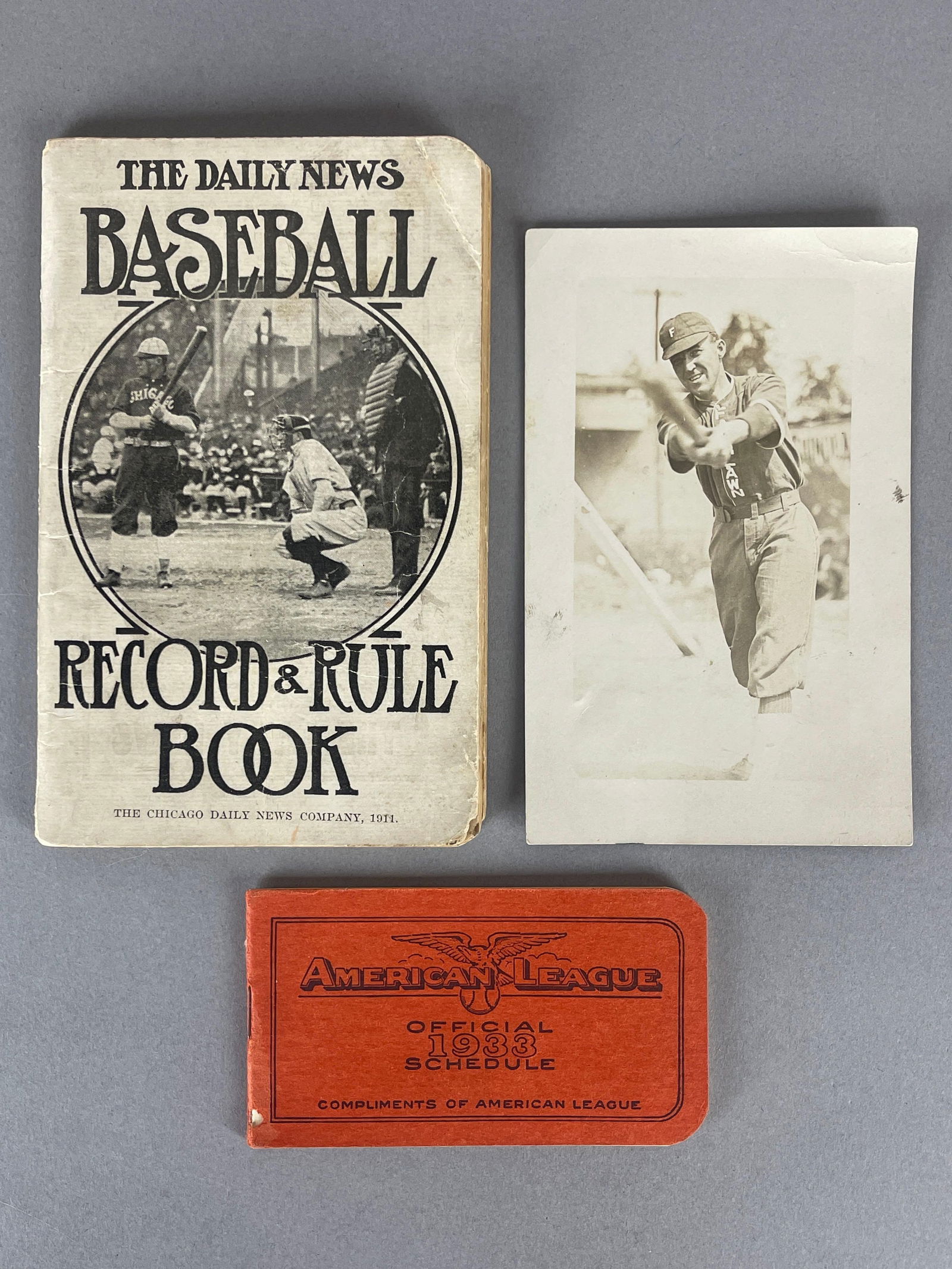 1911 Chicago Daily News Baseball Record and Rules, White Sox Photo + 1933 AL Schedule and Postcard: 1900s Baseball Photo Postcard Fairlawn, 1911 Record and Rule book has original photo with White Sox player at bat, 1933 American League Official Pocket Schedule