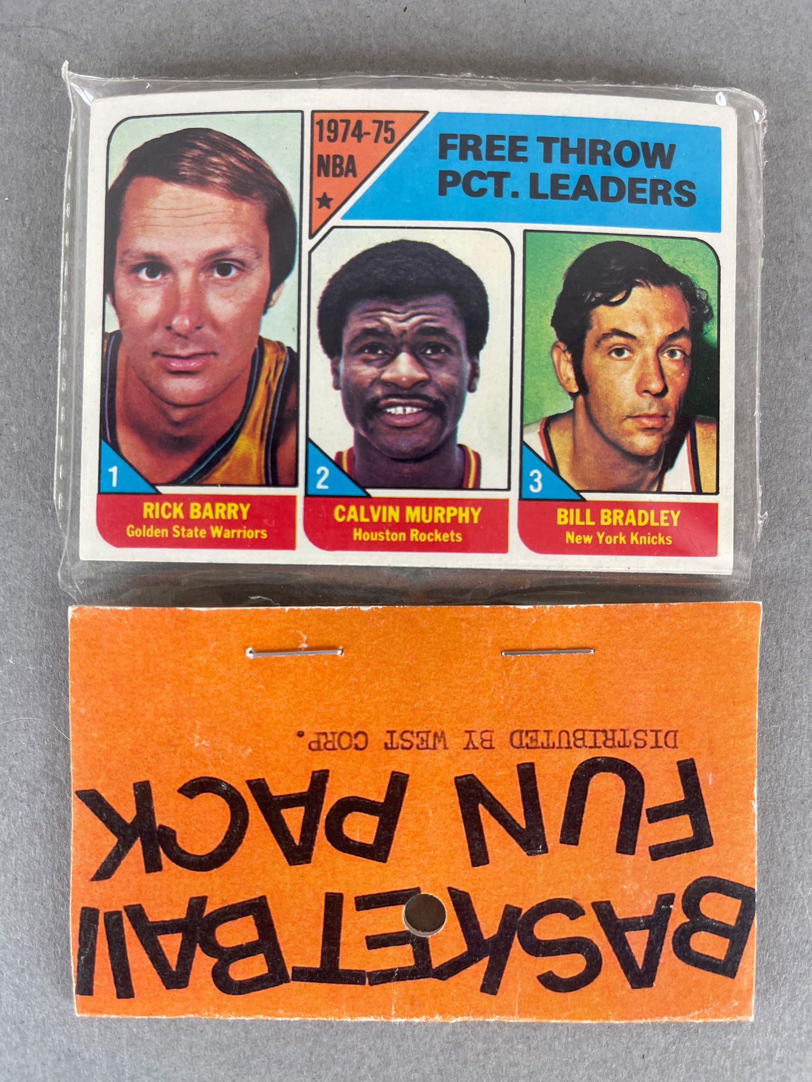 1975 - 76 Topps Basketball West Corps Cello Fun Pack: Free Throw LL card on top, 10 - Cards per pack, West Corps was a repacking company in the 1970s