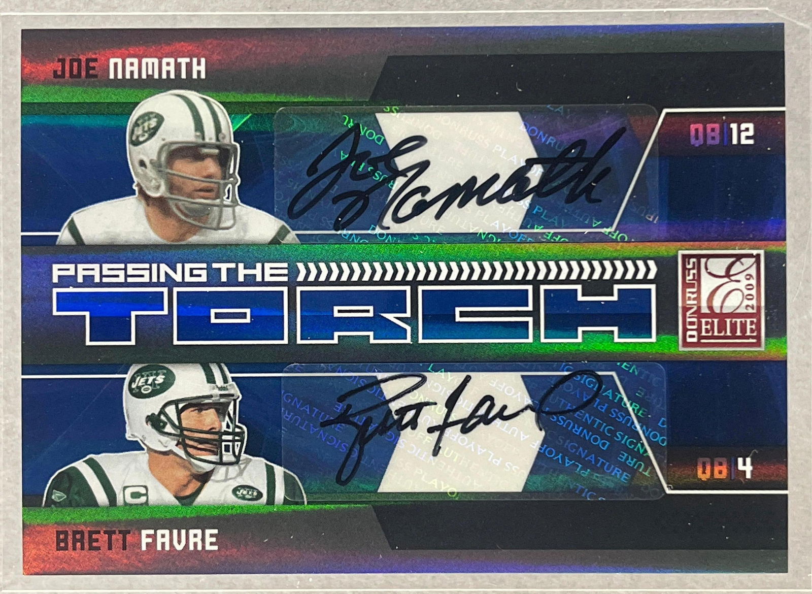 2009 Donruss Elite Passing the Torch Dual Auto Joe Namath /Brett Favre 16/25: Great Looking Dual Auto, Ready to Grade
