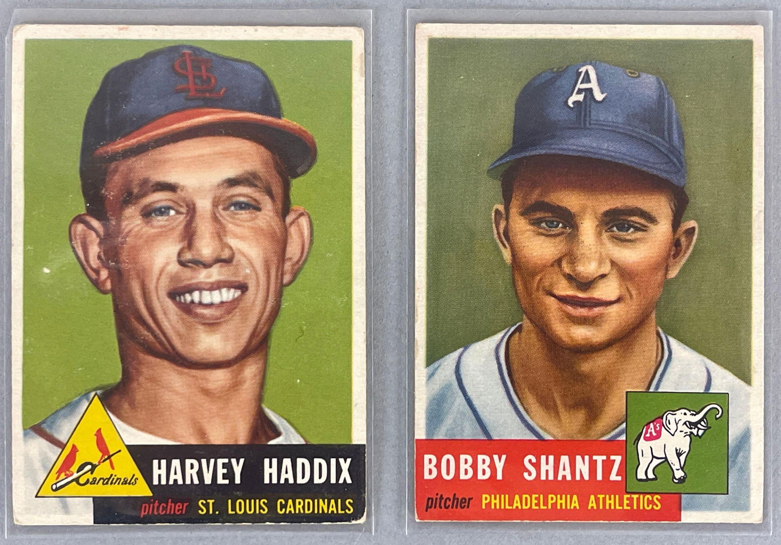 1953 Topps Harvey Haddix #273 Rookie and Bobby Shantz #225: Both scarce high numbers, VG - VGEX