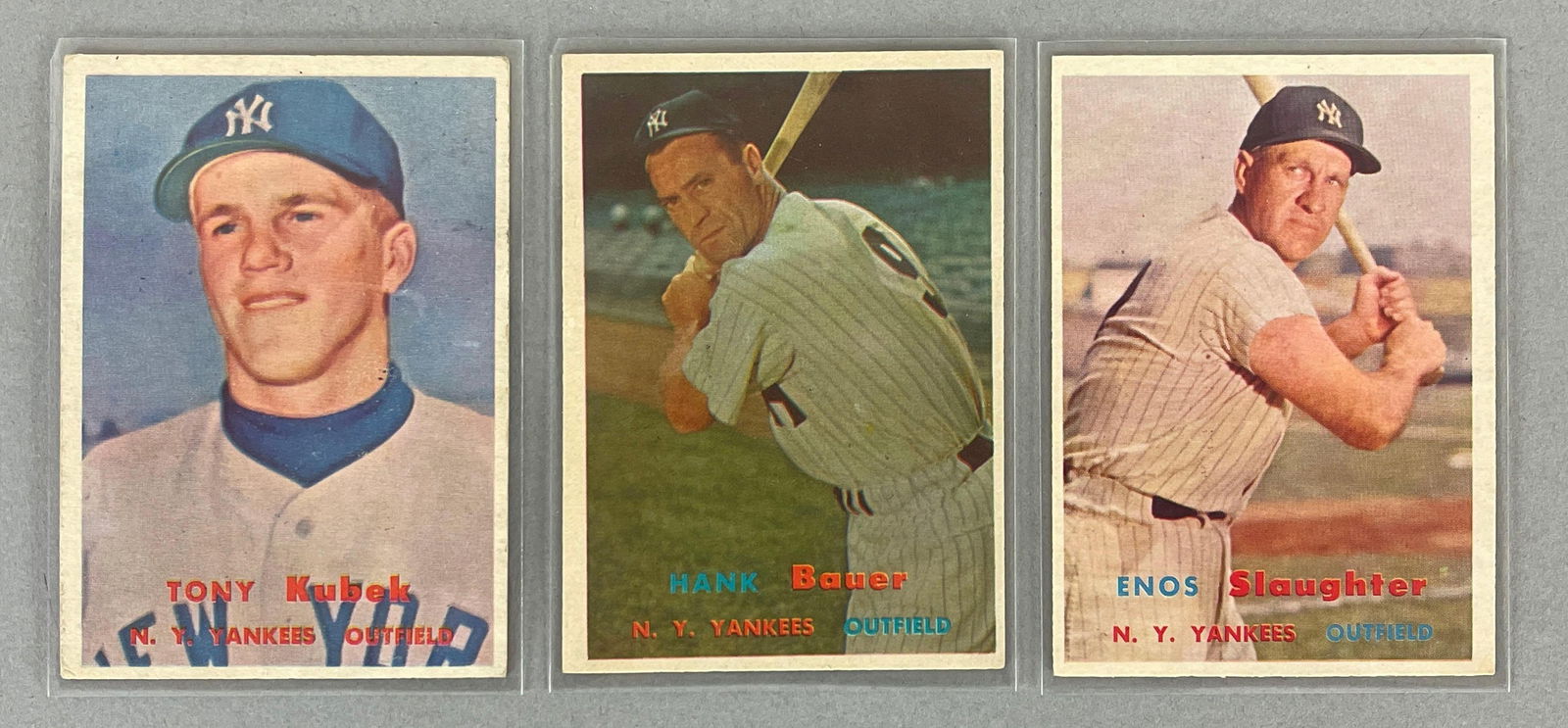 1957 Topps Tony Kubek #312, Enos Slaughter #215, Hank Bauer #240: 1950s Yankees greats, Kubek rookie VGEX, Others EXMT