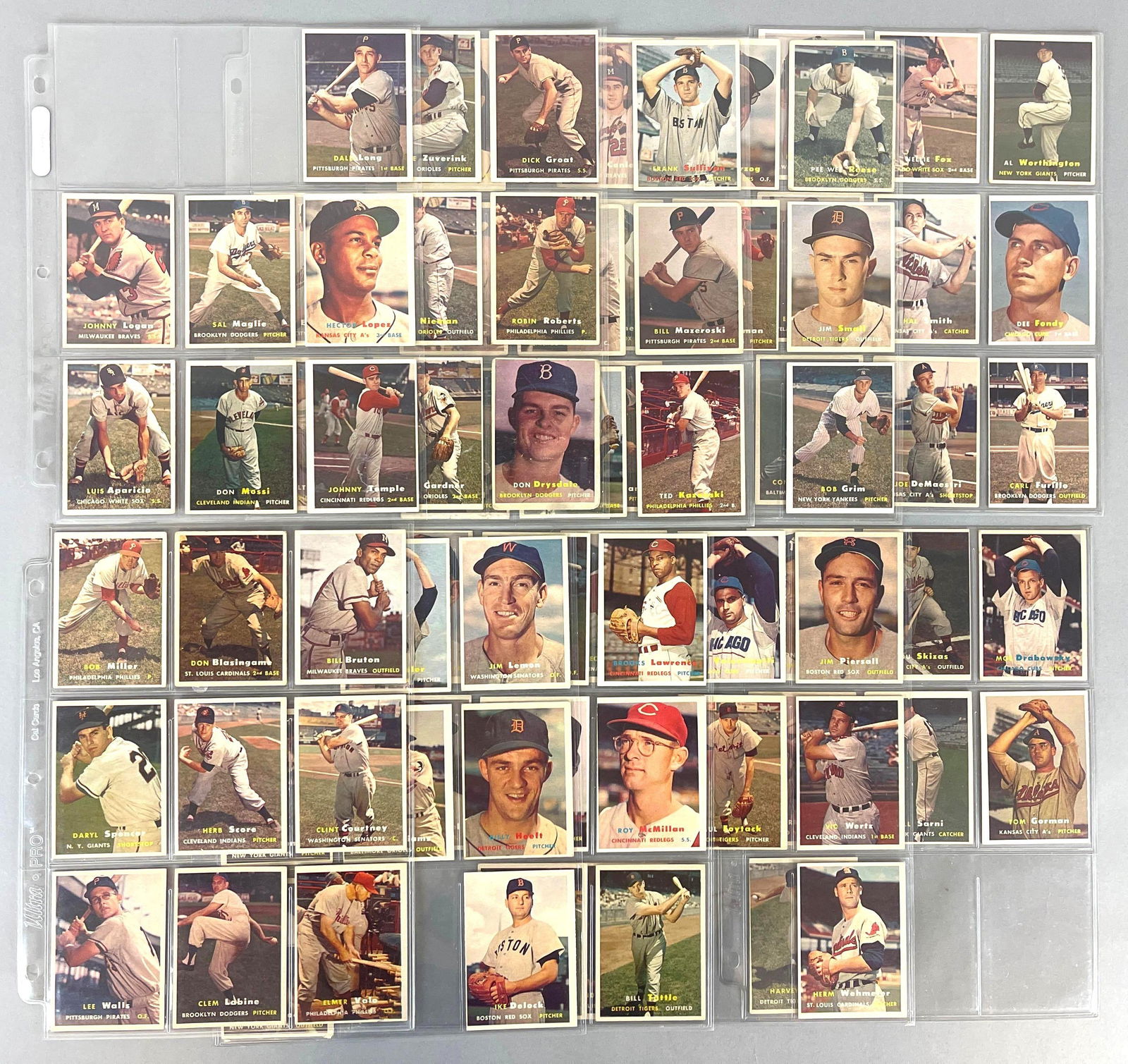 78 - 1957 Topps Baseball 1st Series Break with HOFs and Rookies: Conditions vary, Low - EXMT, Mainly mid-grade, Series 1 no duplicates, Missing 10 cards, Includes Aparicio, Drysdale, Mazeroski, Ford, Reese, Fox, Doby, and More