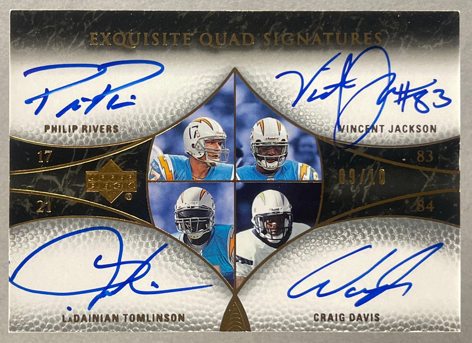 2007 Exquisite Quad Signatures Chargers Philip Rivers, LT, Jackson, and Davis 9/10: Philip Rivers, LaDainian Tomlinson, Vincent Jackson, and Craig Davis Autos 9/10