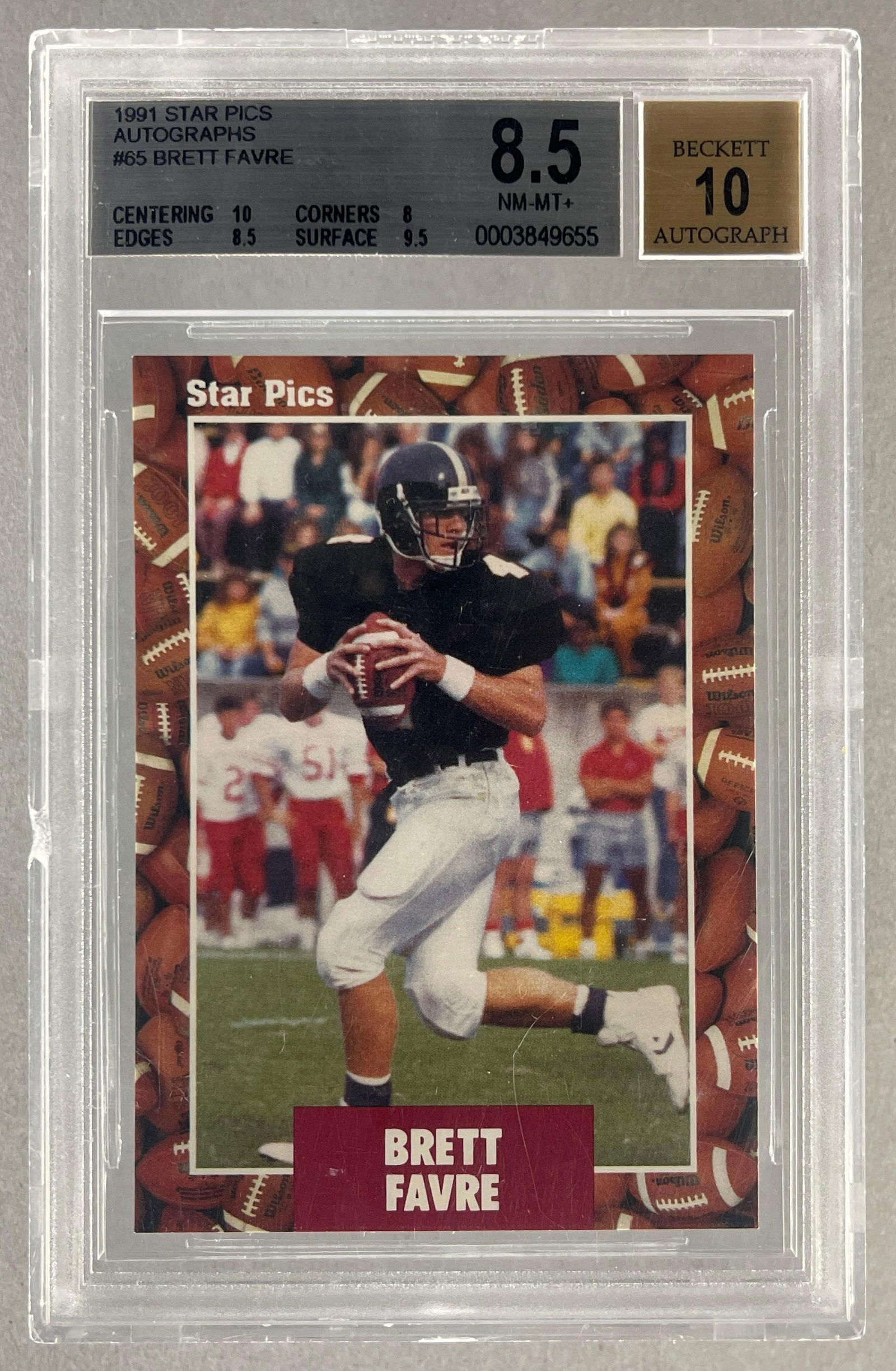 1991 Star Pics Autographs Brett Favre #65 BGS 8.5 Auto 10, Rookie: 1991 Star Pics Autographs Brett Favre #65 BGS 8.5 Auto 10, Rookie