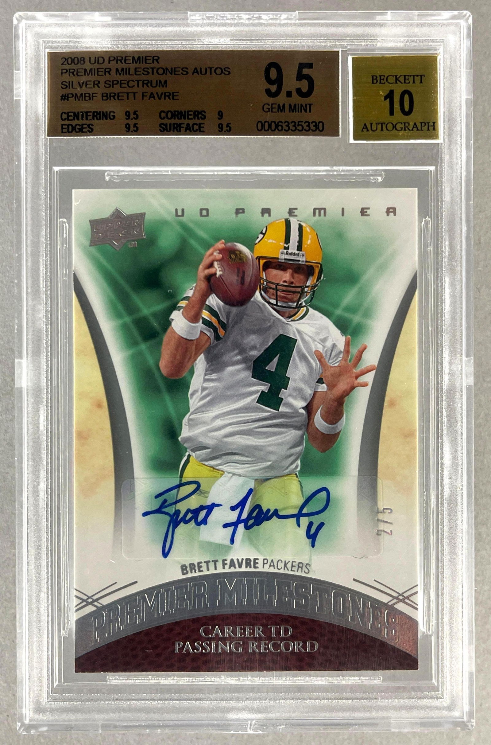 2008 Upper Deck Premier Milestones Autos Silver Spectrum Brett Favre BGS 9.5 Auto 10, 2/5: 2008 Upper Deck Premier Milestones Autos Silver Spectrum Brett Favre BGS 9.5 Auto 10, 2/5