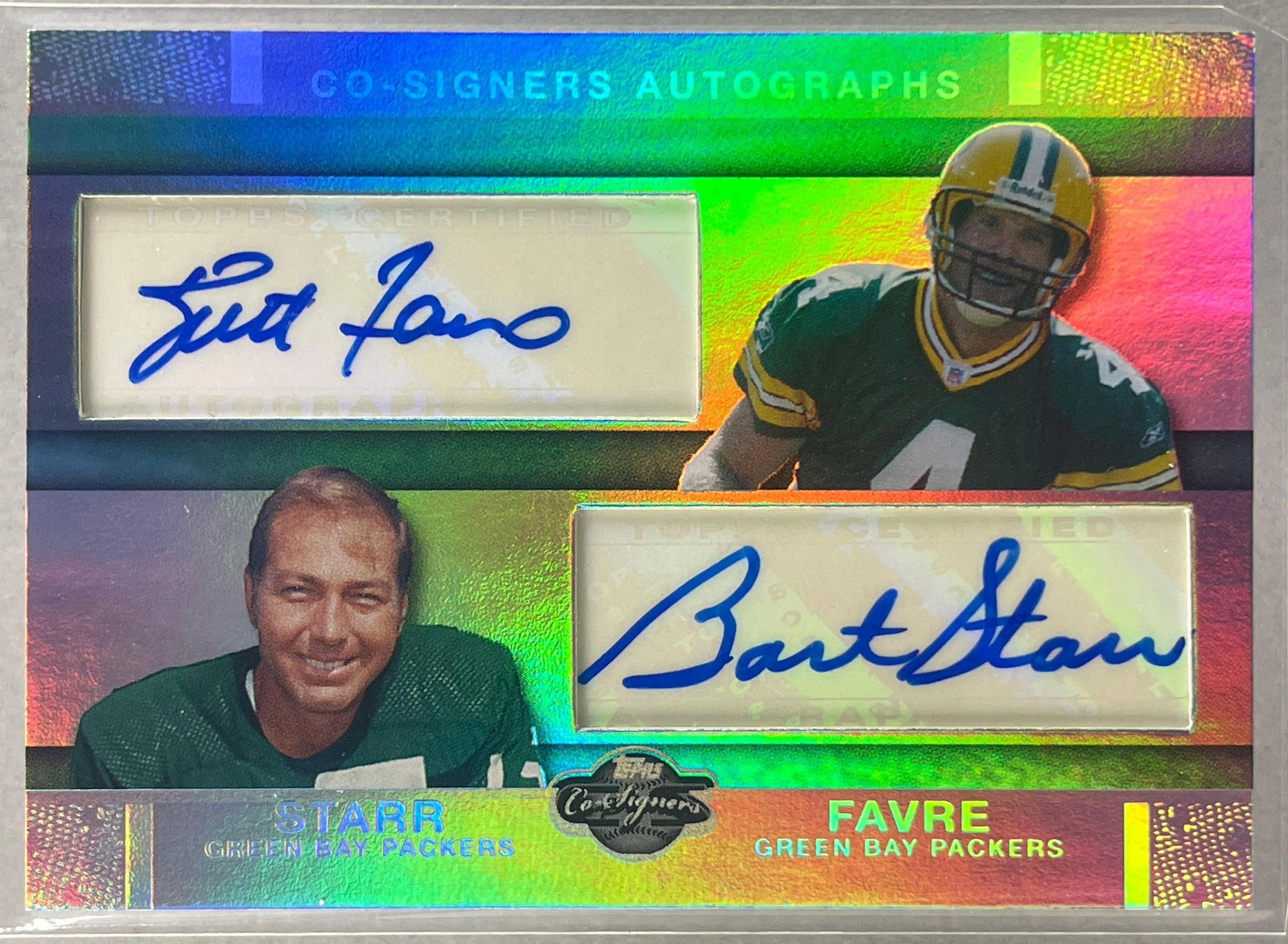 2007 Topps Co-Signers Silver Holo Auto Brett Favre and Bart Starr 2/10: Amazing looking card with Green Bay Packers two best Quarterbacks