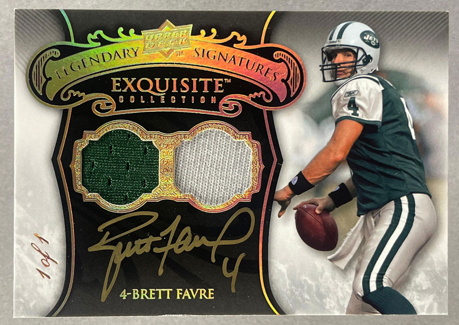 2008 Exquisite Legendary Signatures Platinum Auto Dual Jersey Brett Favre 1/1: True 1/1 Auto dual jersey Brett Favre