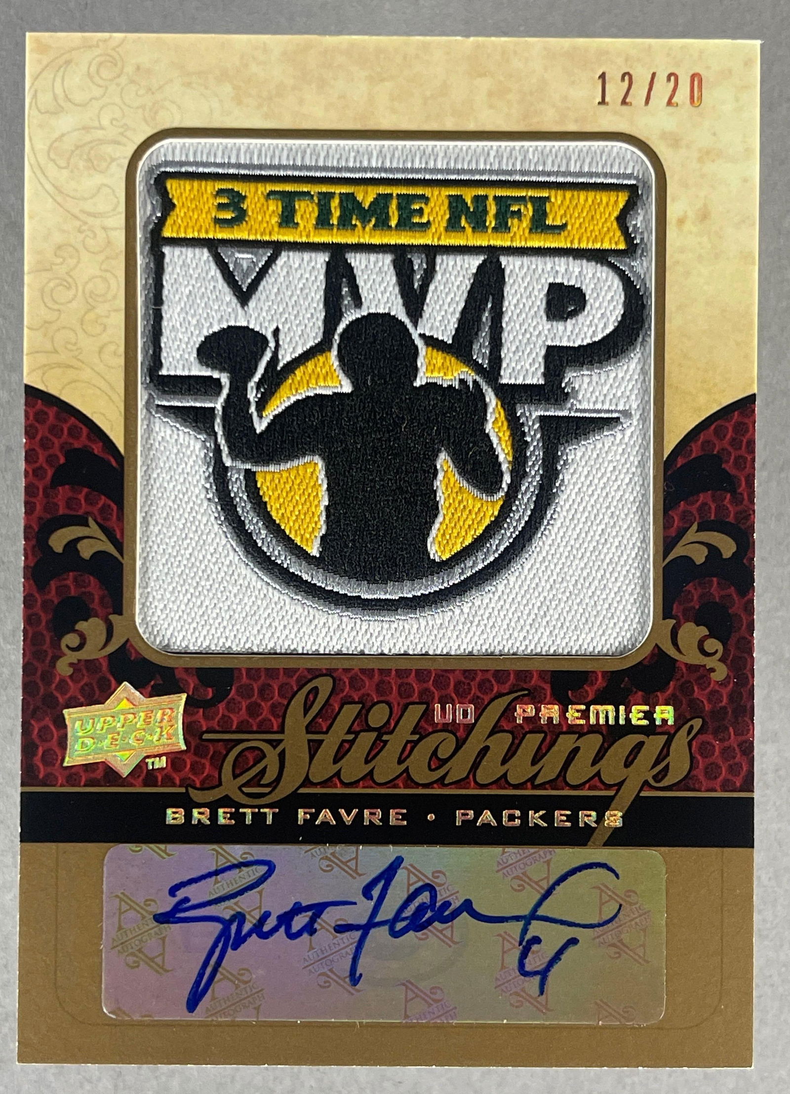 2008 UD Premier Stitchings Auto 3X MVP Patch Brett Favre 12/20: 2008 UD Premier Stitchings Auto 3X MVP Patch Brett Favre 12/20