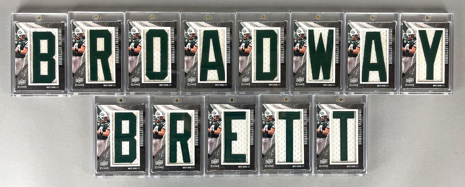 2008 Upper Deck Icons Immortal Letterman Set Broadway Brett Favre /124: Here is a complete Set of 13 - Brett Favre?cards that Spell out Broadyway Brett /124, Letter D is jersey #4/124 and Letter B is 1/124, and More