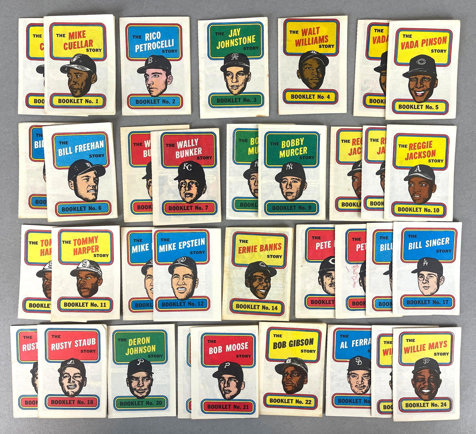 34 - 1970 Topps Baseball Story Booklets with HOFs: Mid-grade, 3 - Reggie Jackson, 2 - Willie Mays, 2 - Pete Rose, Ernie Banks, and More