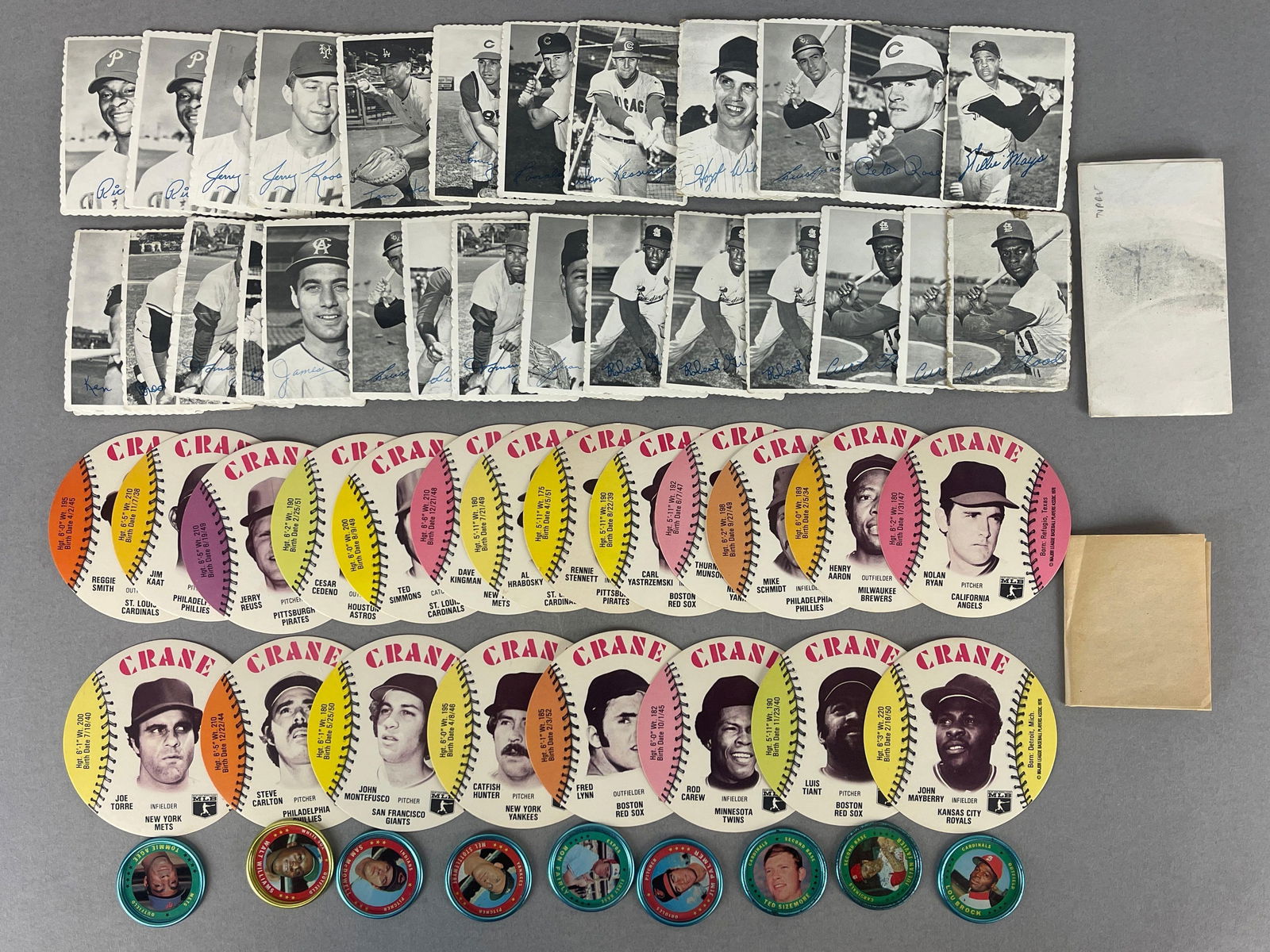Group of 1969 Topps Deckle Edge + 1976 Crane Baseball Discs, 1971 Topps Coins and Posters: Conditions vary, Low - NM, 1969 Deckle Edge Mays, Rose, 3 - Gibson, and More, 1976 Crane Discs, Ryan, Aaron, Schmidt, Munson, and More, 1971 Topps Coins Brock, Palmer, and More, 2 - Posters