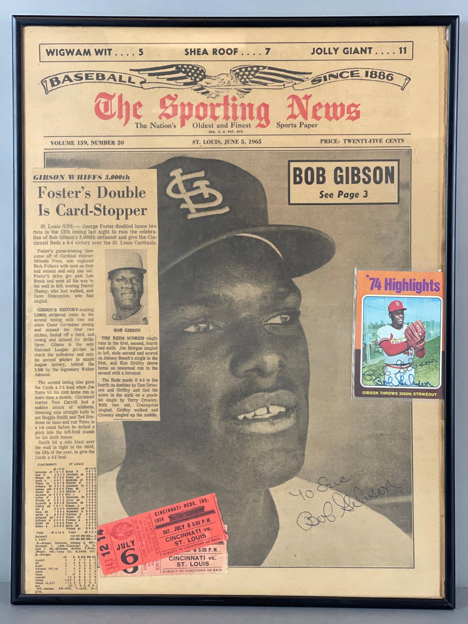Framed 1975 Topps Bob Gibson Signed Card + 2 - Tickets and Bob Gibson Signed The Sporting News: 1965, June 5, The Sporting News signed Bob Gibson, 2 - July 6, 1974 Tickets vs Reds, and 1975 Topps Highlights Signed Bob Gibson