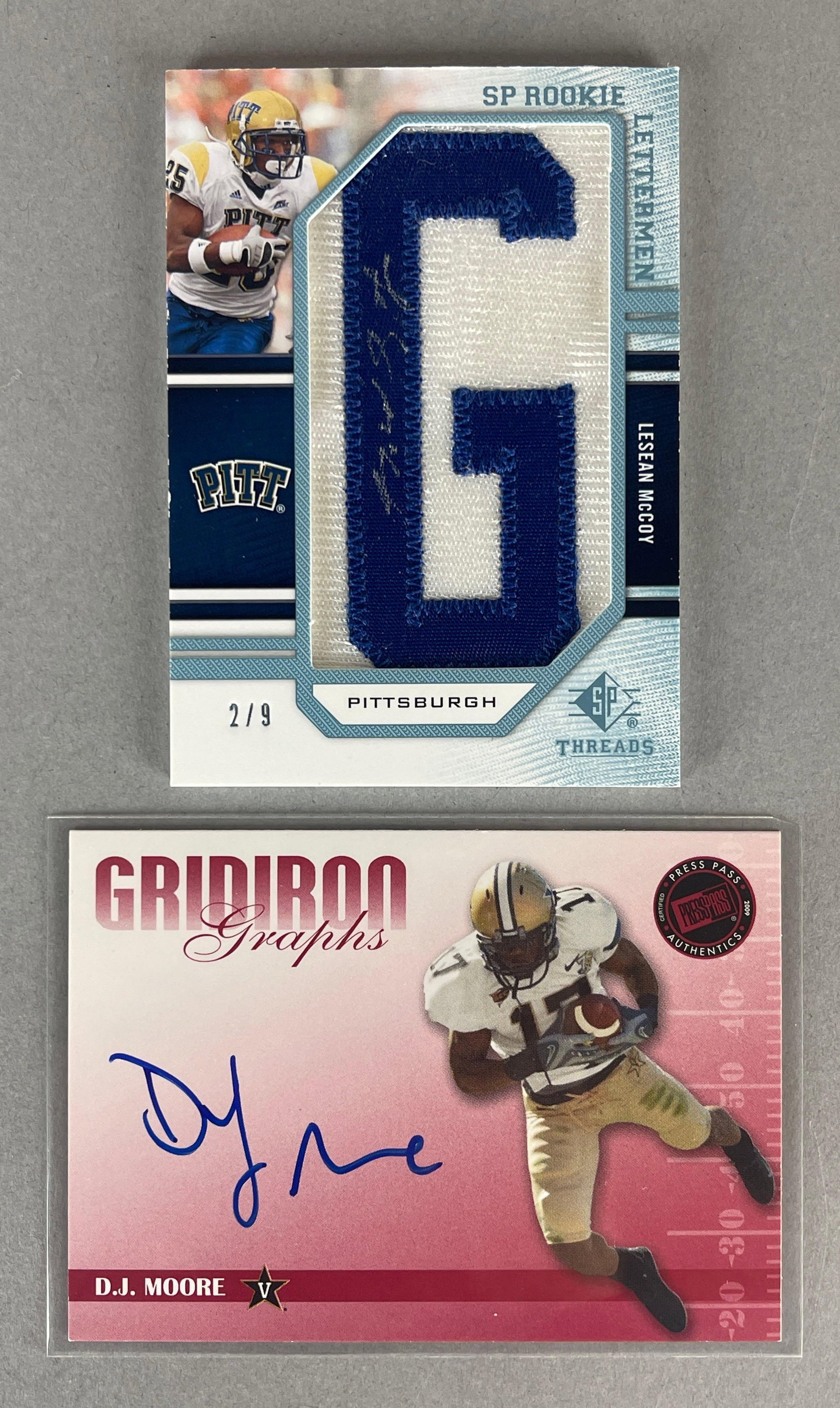 2009 SP Threads Rookie Letterman LeSean McCoy and Press Pass Auto DJ Moore 78/150: Pair of rookie Auto cards
