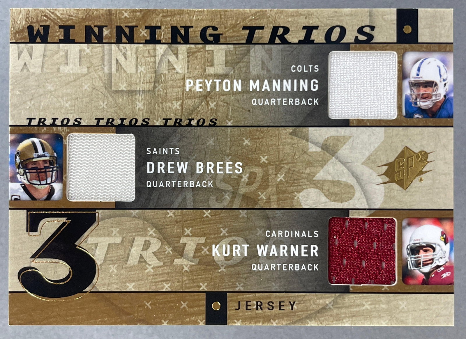 2009 SPX Winning Trios Jersey Peyton Manning, Drew Brees, Kurt Warner 2/50: Sharp card, Ready to Grade