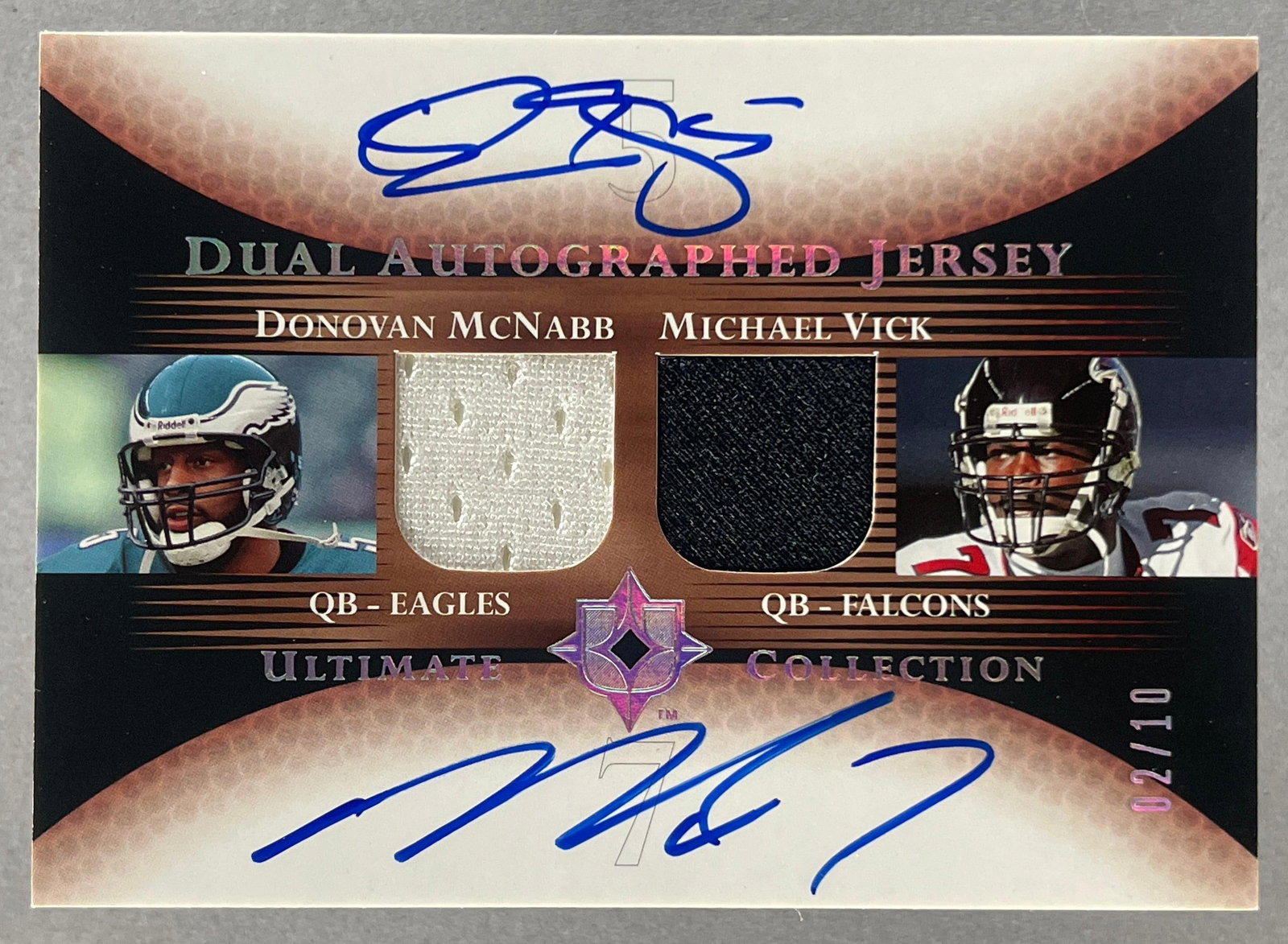 2005 Ultimate Collection Dual Auto Jersey Donovan McNabb/ Michael Vick 2/10: Sharp looking card, Dual auto jersey 2/10