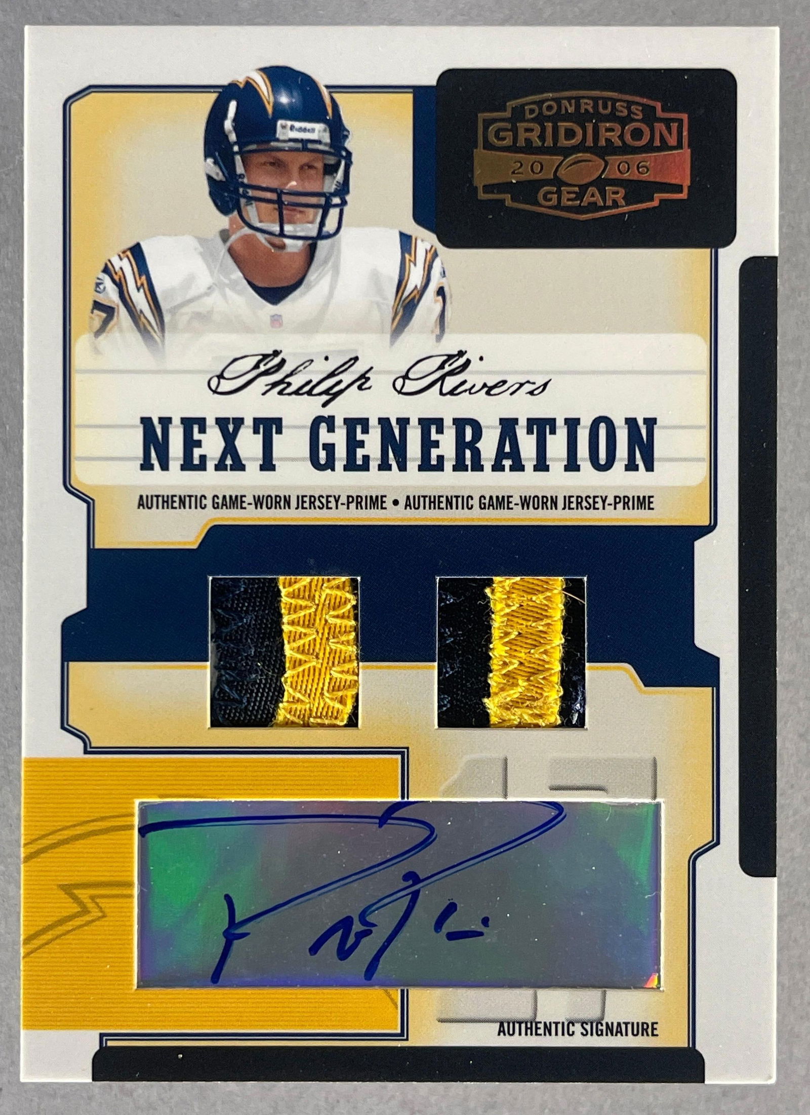 2006 Donruss Gridiron Gear Next Generation Dual Jersey Auto Philip Rivers 5/5: Great looking card, Dual jersey with auto Philip Rivers 5/5