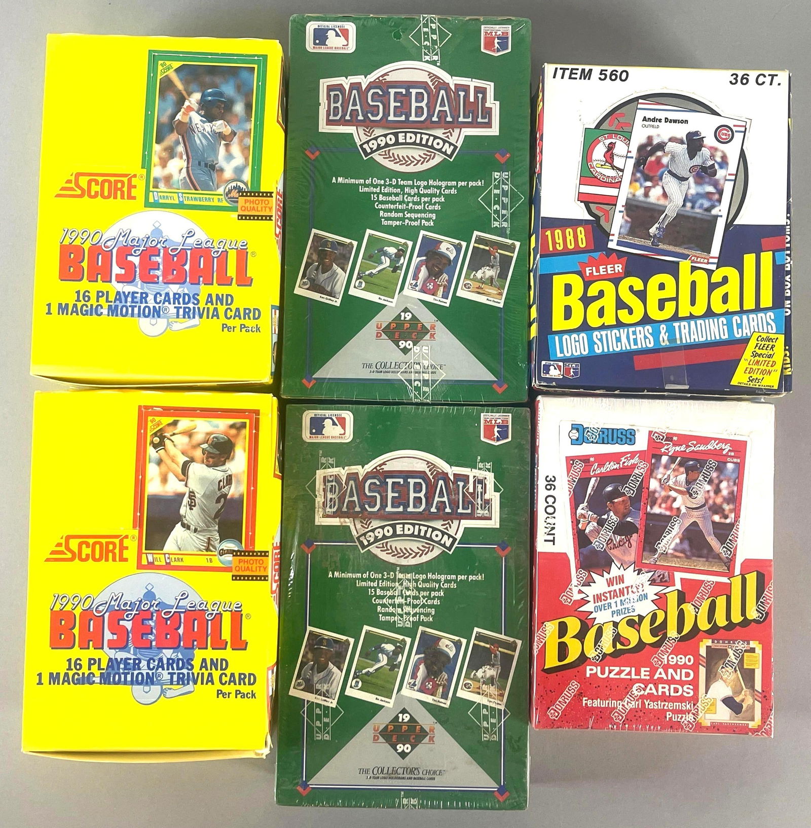 6 - 1988- 90 Baseball Sealed Wax Boxes: Includes 1988 Fleer, 90 Donruss, 2 - 90 Upper Deck, 2 - 90 Score