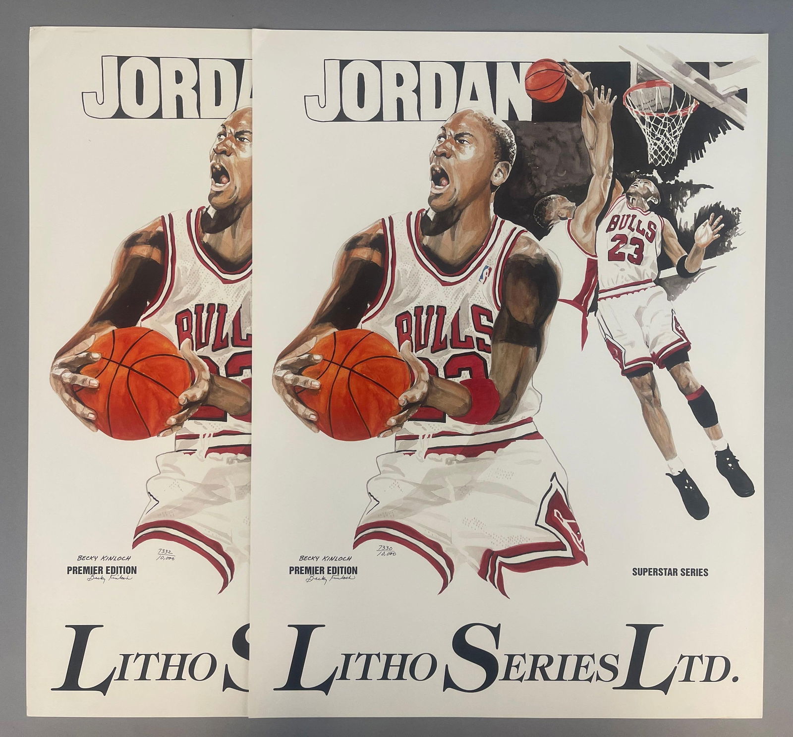 2 - Michael Jordan Litho Series LTD Premier Edition Print by Becky Kinloch /10,000: 2 - Michael Jordan Litho Series LTD Premier Edition Print by Becky Kinloch #7330 and #7332/10,000, Measures 18 x 24 Inches