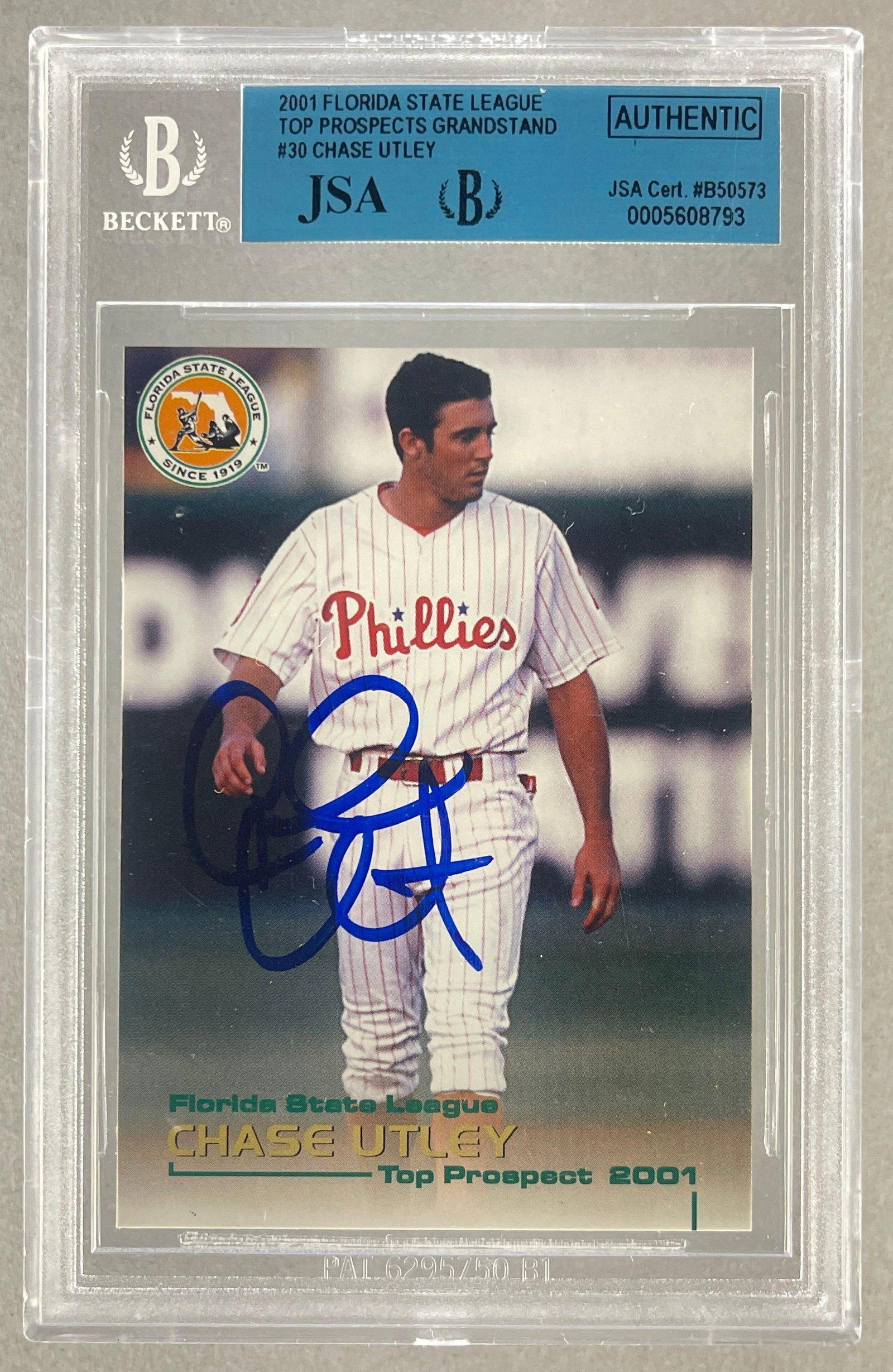 2001 Florida State League Chase Utley #30 BGS/ JSA Authentic: 2001 Florida State League Chase Utley #30 BGS/ JSA Authentic