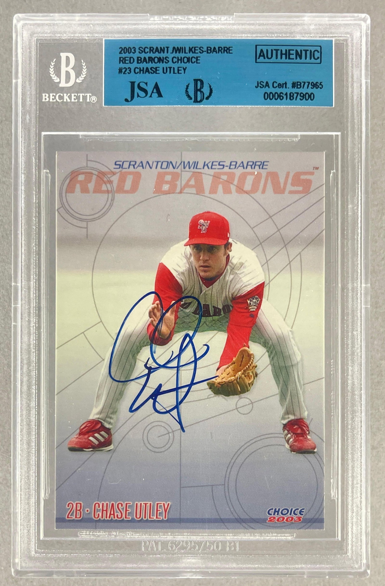 2003 Red Baron Scranton/ Wilkes-Barre Chase Utley #23 BGS/ JSA Authentic: 2003 Red Baron Scranton/ Wilkes-Barre Chase Utley #23 BGS/ JSA Authentic