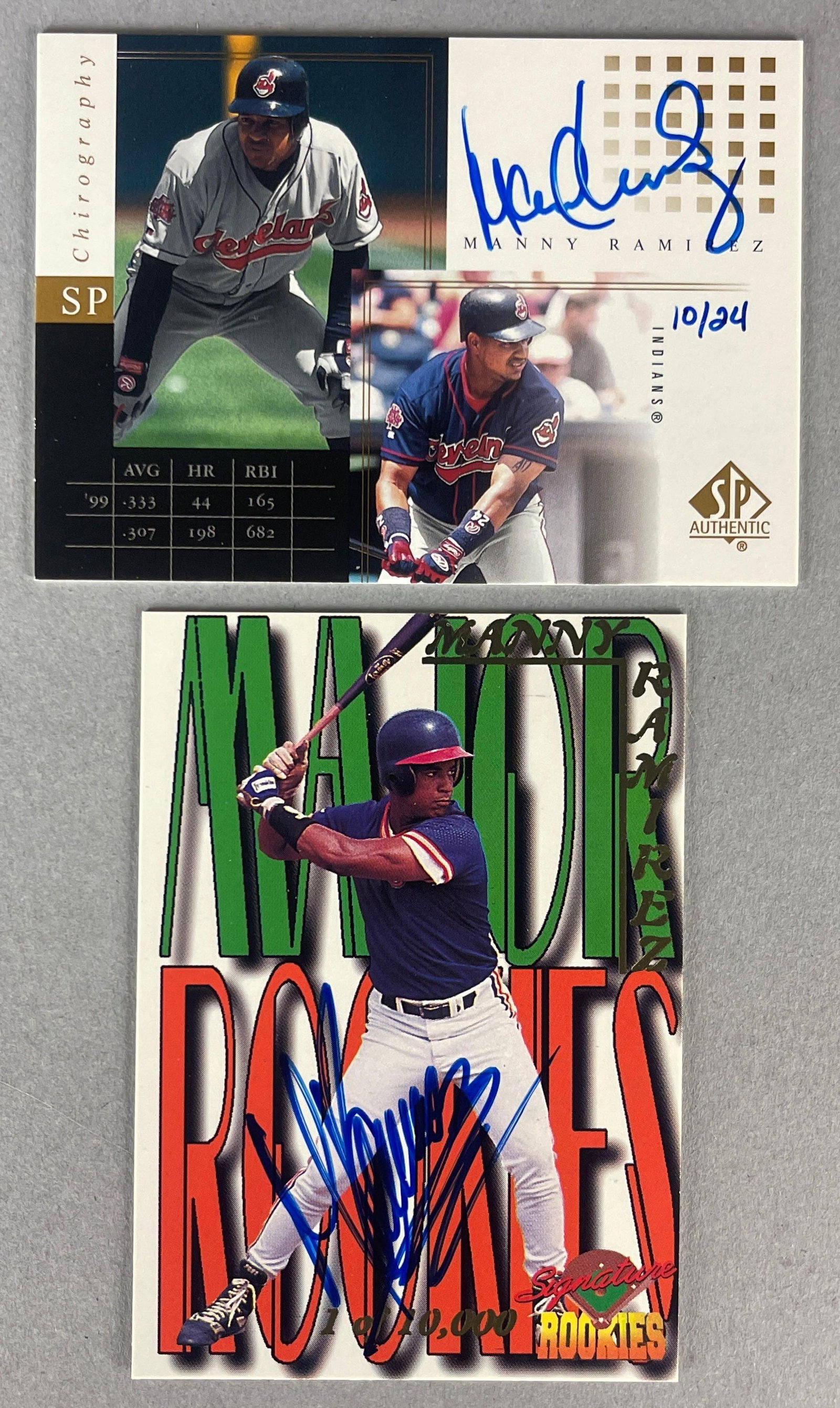 1995 Signature Rookies and 2000 SP Authentic Chirography Gold Auto Manny Ramirez 10/24: One lot, 2 - Manny Rameriez Autos 10/24